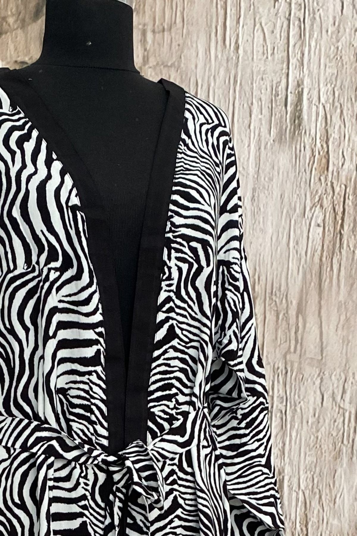 Kadın Zebra Desen Kemerli Uzun Kadın Kimono