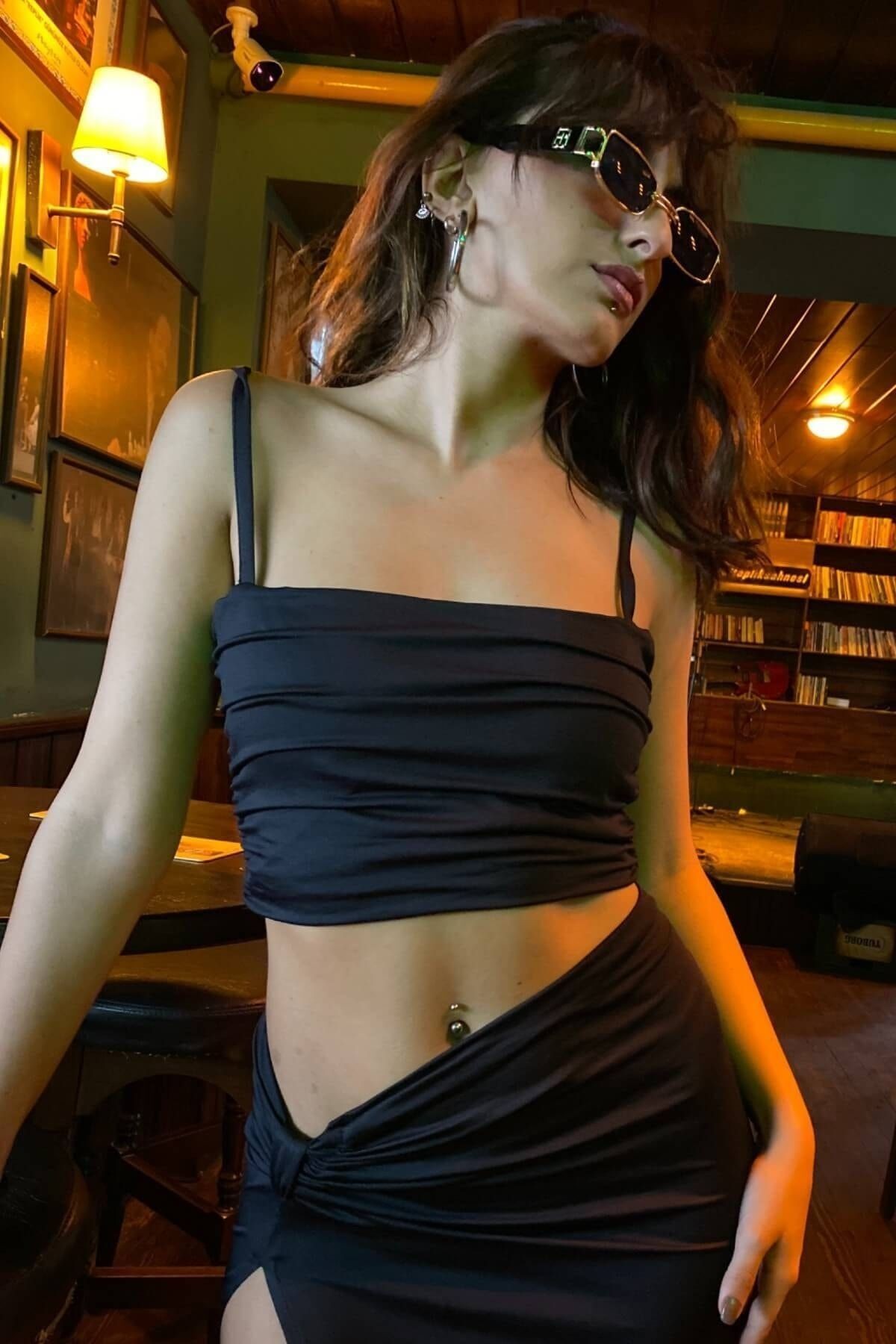 Bustier à Bretelles Froncé en Jersey pour Femme - Noir