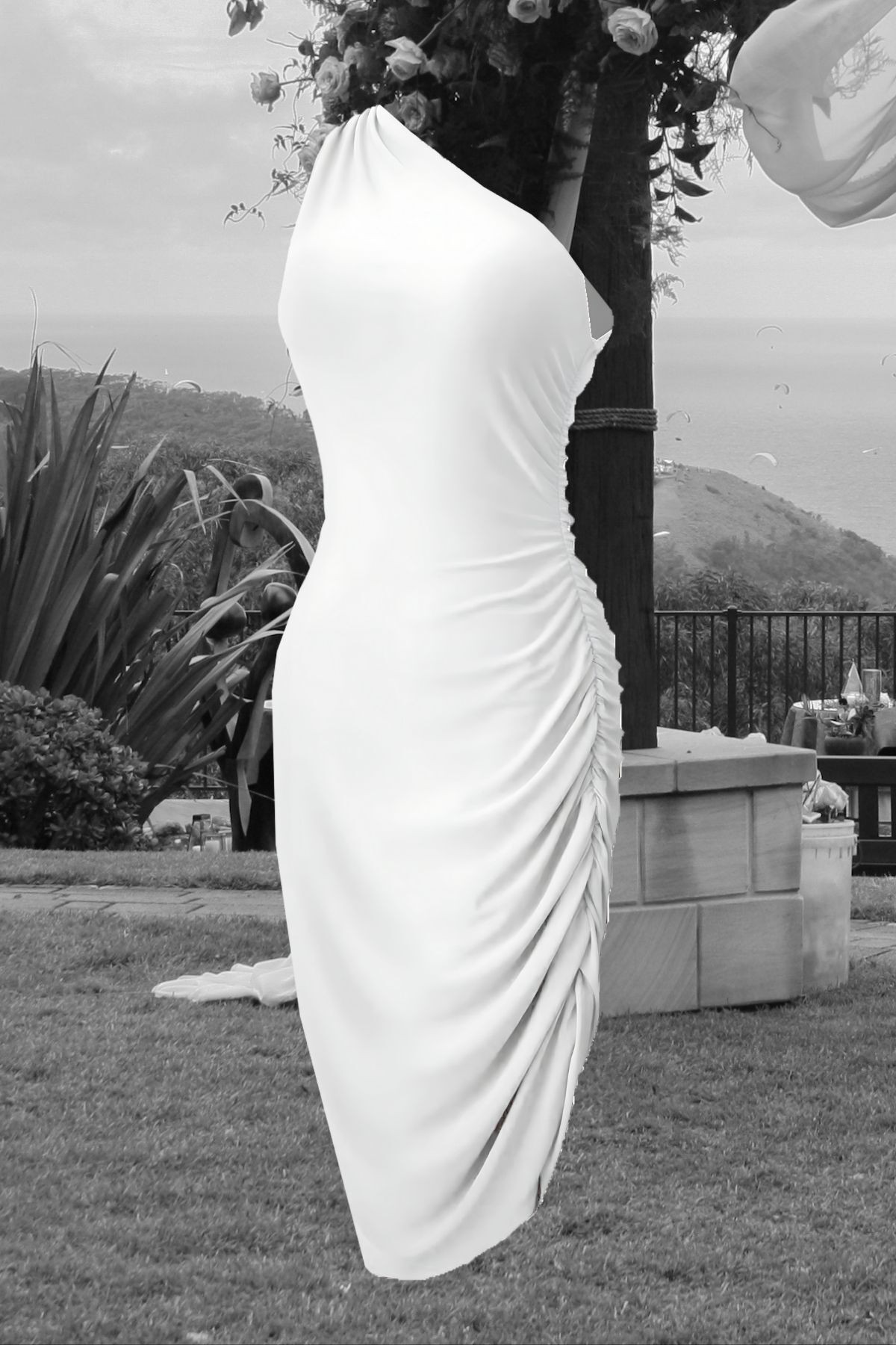 Vestido de Novia de Un Solo Hombro con Pliegues, Vestido Midi