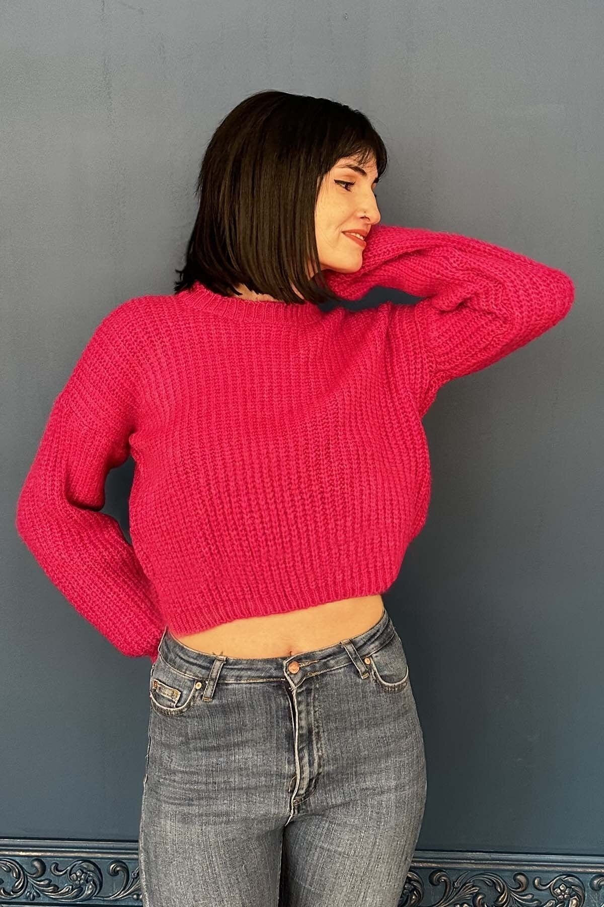 Oversize Crew Neck Crop Sweater - Hot Pink