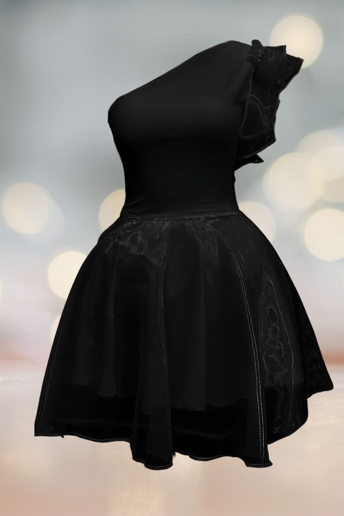 Mini Vestido de Fiesta con Tul y Volantes de Organza en Un Solo Hombro - Vestido de Graduación - Negro