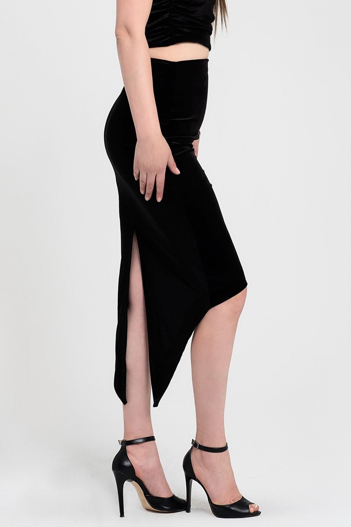 Asymmetrical Slit Party Skirt for Tango and Dance - Shiny black