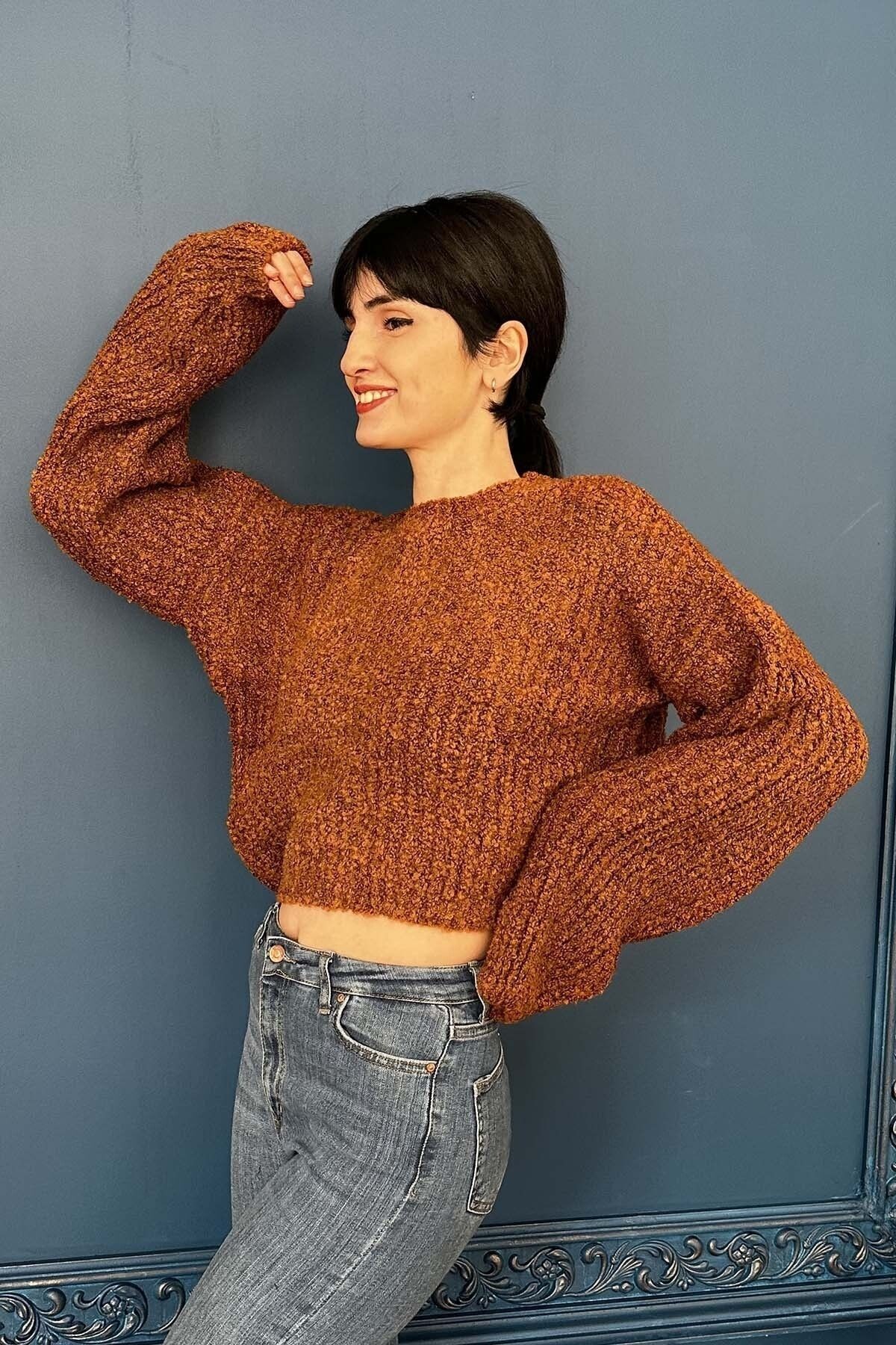 Oversize Crew Neck Crop Sweater - coffee