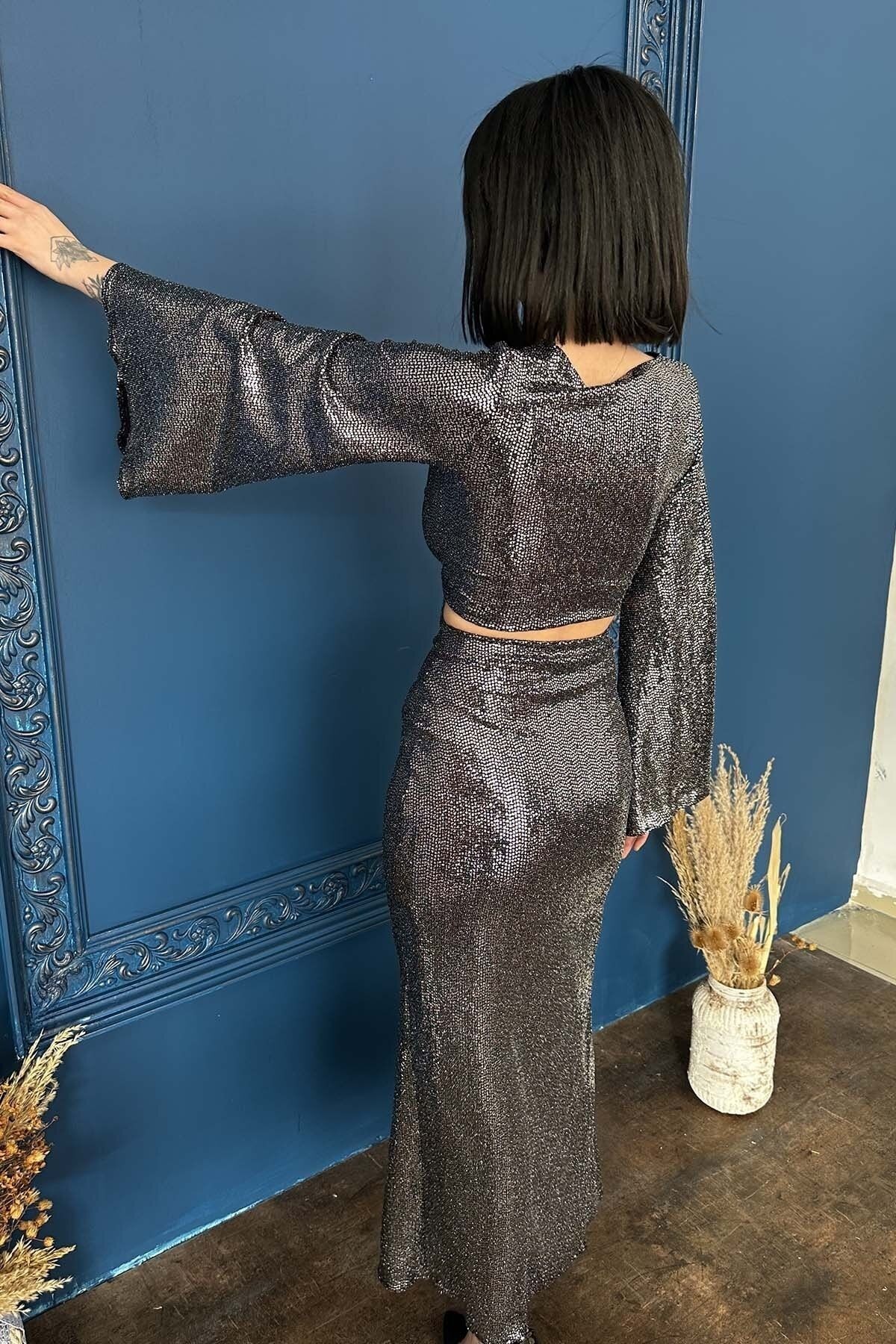 Parlak Yarasa Kollu Anvelop Crop Bluz - Parti Dans Tango Bluzu