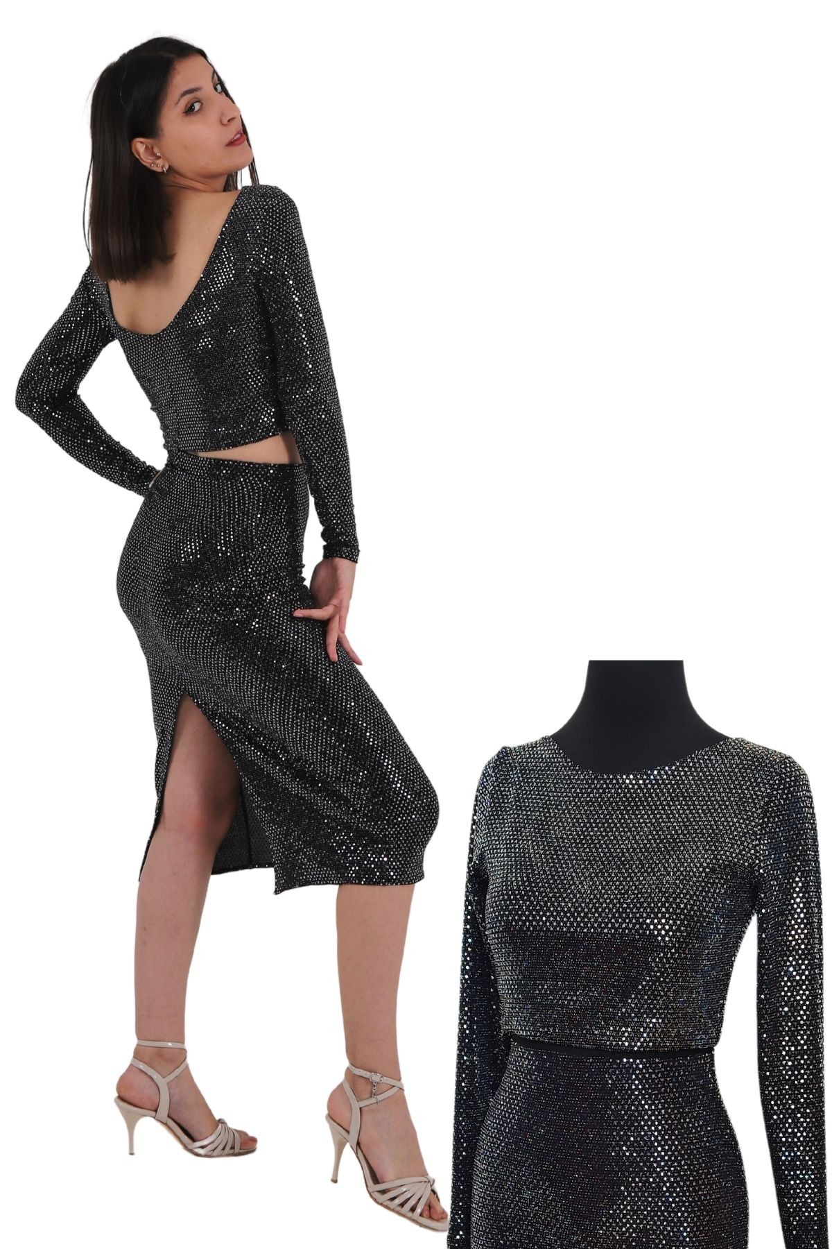 Crop Top con Maniche Lunghe - Top da Festa e Tango per Donna - nero con paillettes