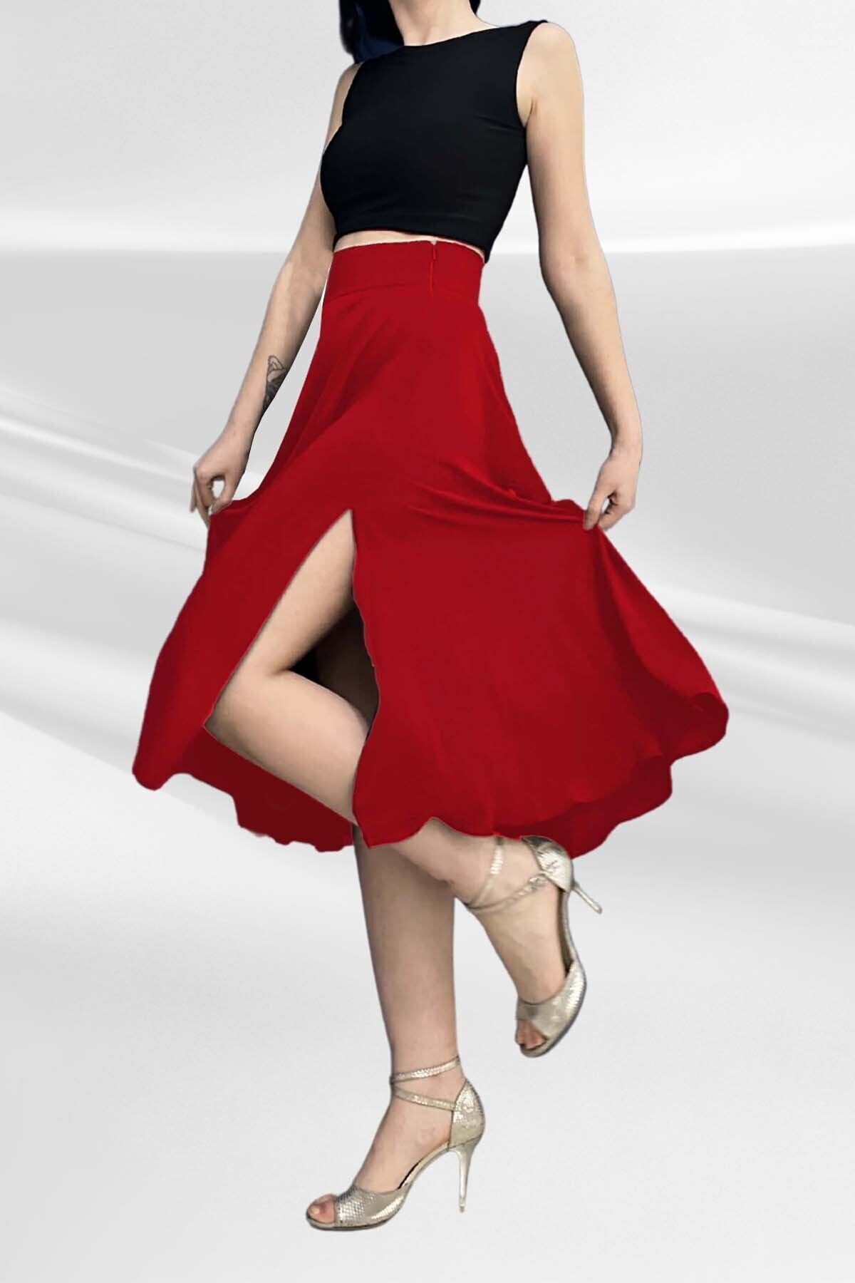 Full Circle Tango Skirt with Double Slits - red