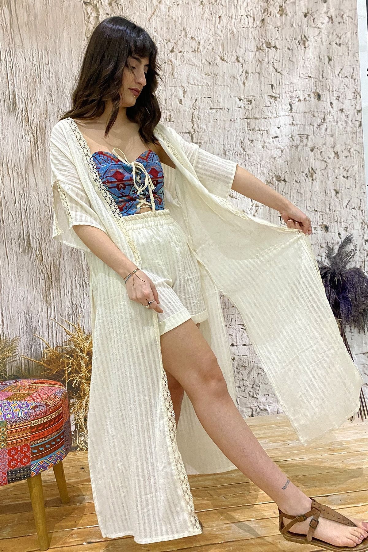 Natural Cotton Lace Striped Kimono for Summer