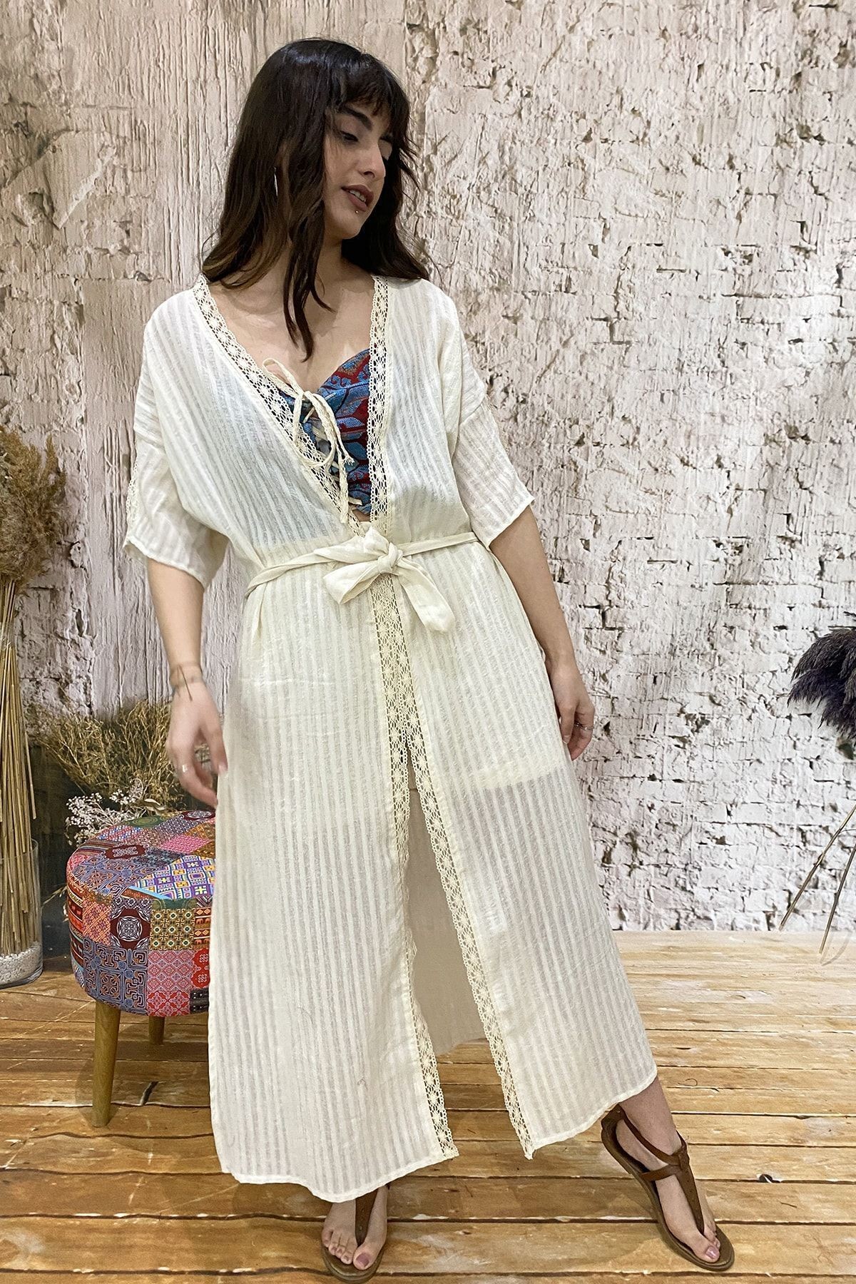 Natural Cotton Lace Striped Kimono for Summer