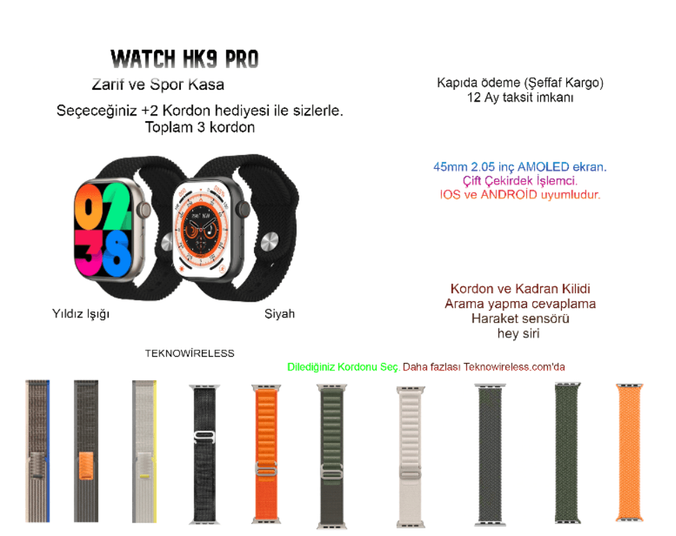 Watch  HK9 Pro 45 mm (2.Nesil) -  Amoled Ekran - Chatgpt- Çift çekirdek işlemci -  4Kordon