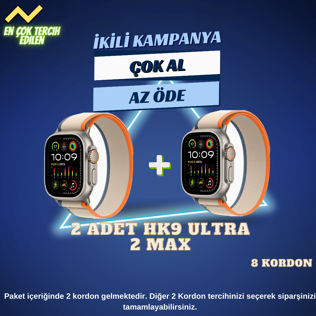 İkili Paket-Watch HK9 ULTRA 2 MAX - Amoled Ekran - Chatgpt- Çift çekirdek işlemci - 8 Kordon (49mm)
