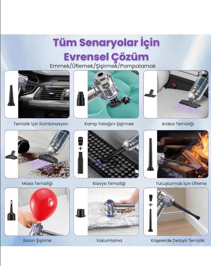 16000PA Güçlü Portatif Vakumlu Kablosuz Üflemeli Mini Araç içi Süpürgesi
