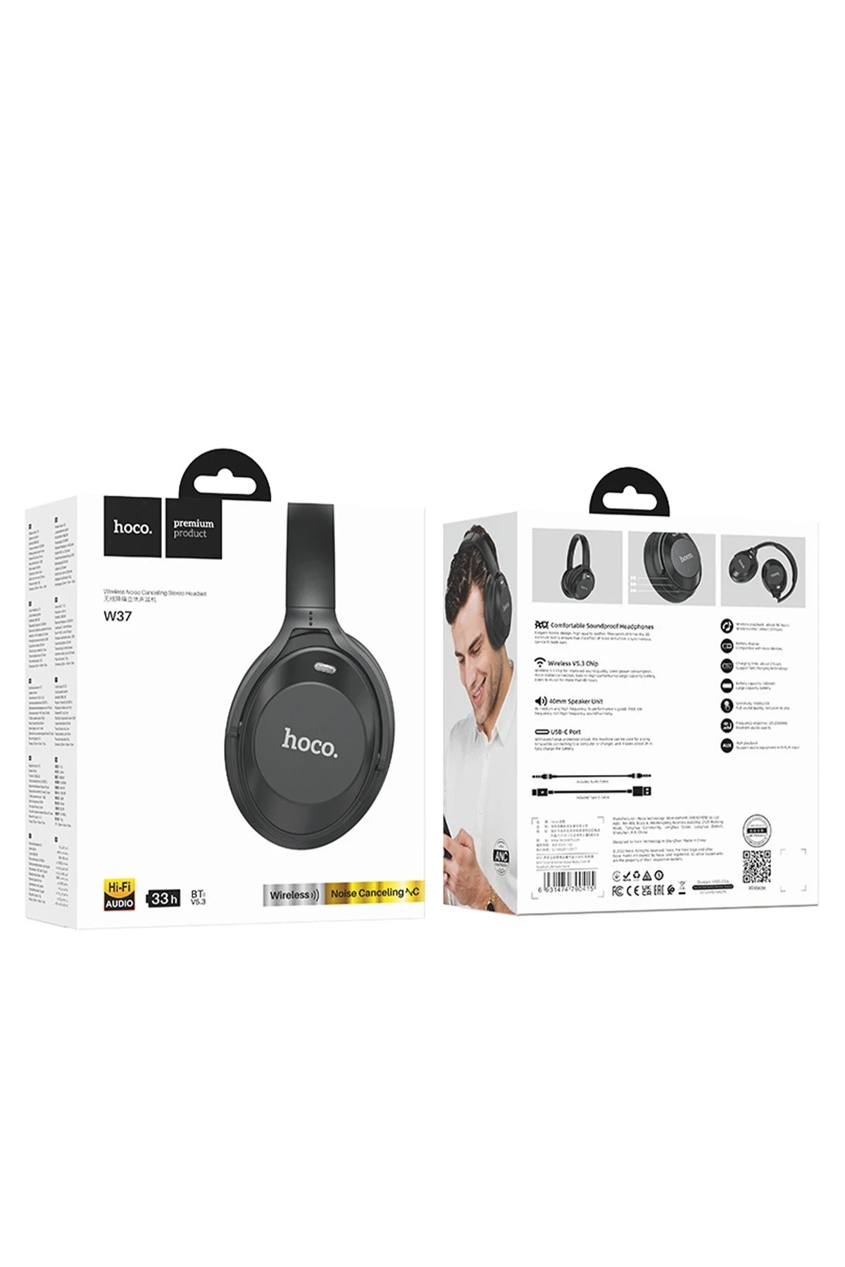 Hoco W37 Aux Destekli Gürültü Engelleyicili Bluetooth Kablosuz Kulaklık - Siyah