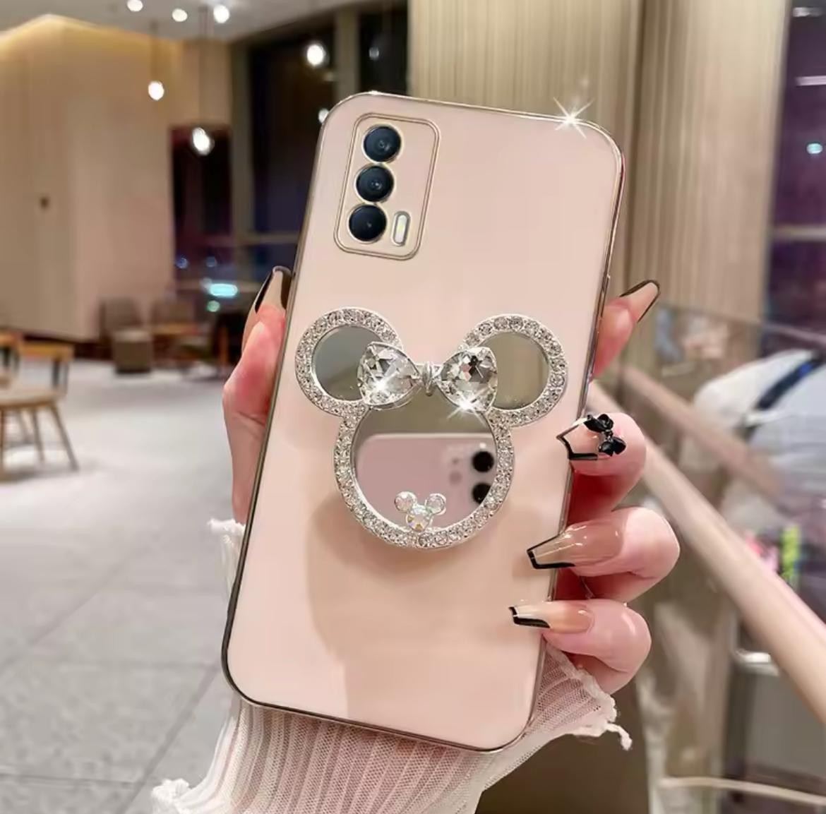 TAŞLI MİNNİE MAUSE AYNALI POPSOCKET STANDLI PARLAK LÜX PREMİUM LAZER KILIF 