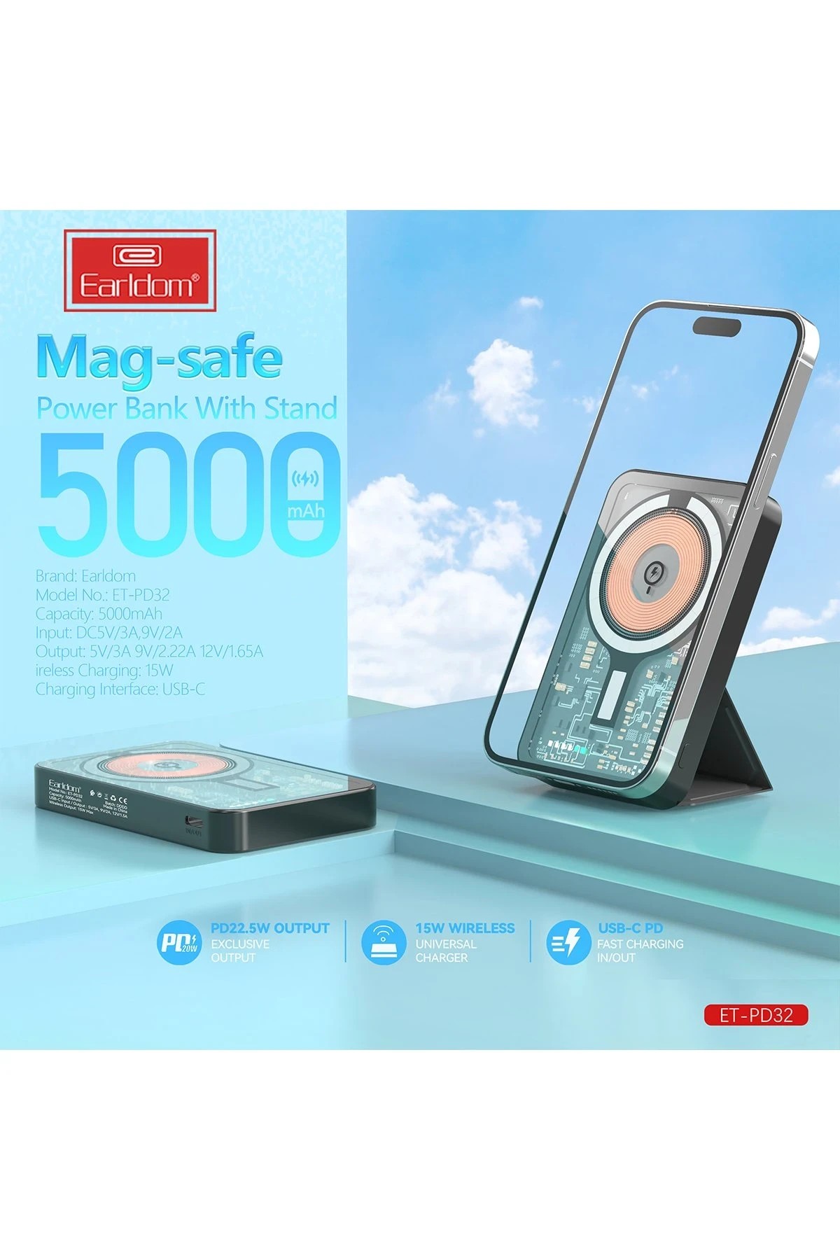 Earldom PD32 5.000 mAh 22.5W Kablosuz Şarjlı Standlı PD Hızlı Şarj Powerbank - Beyaz