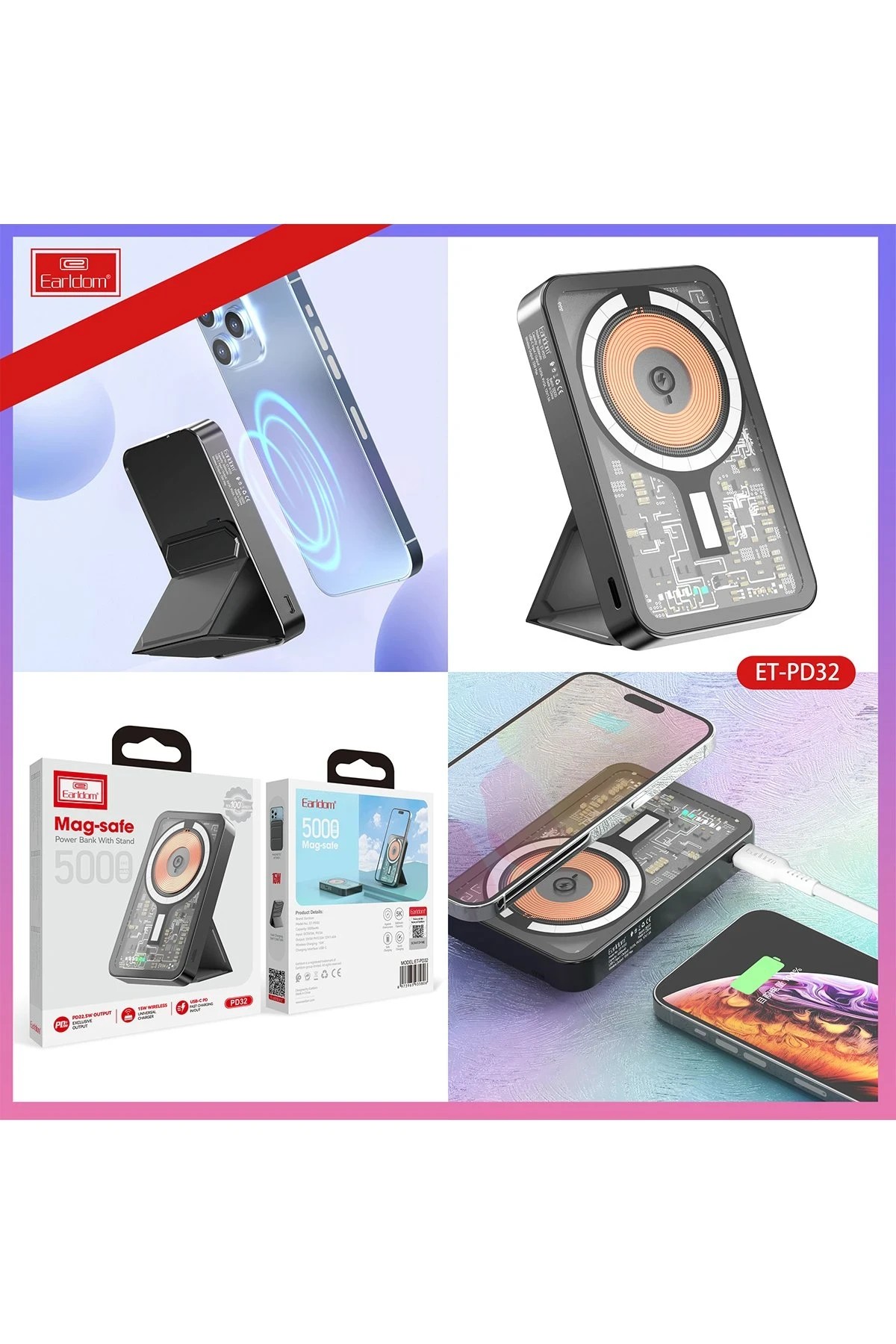 Earldom PD32 5.000 mAh 22.5W Kablosuz Şarjlı Standlı PD Hızlı Şarj Powerbank - Beyaz