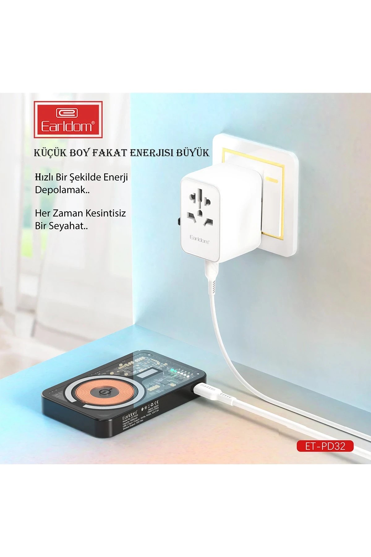 Earldom PD32 5.000 mAh 22.5W Kablosuz Şarjlı Standlı PD Hızlı Şarj Powerbank - Beyaz