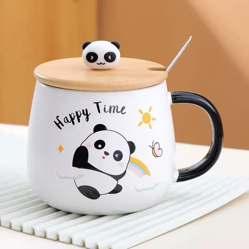 PANDA TASARIMLI PORSELEN AHŞAP KAPAKLI KAŞIKLI HEDİYELİK KUPA MUG BARDAK 430 ML 