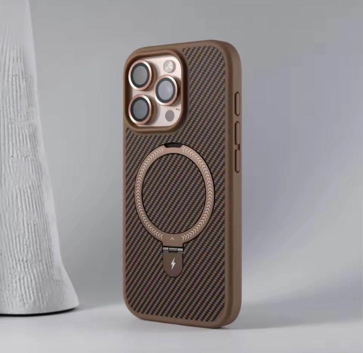 Elegant Magsafe Uyumlu Standlı Karbon Ultra Koruma Telefon Kılıfı 