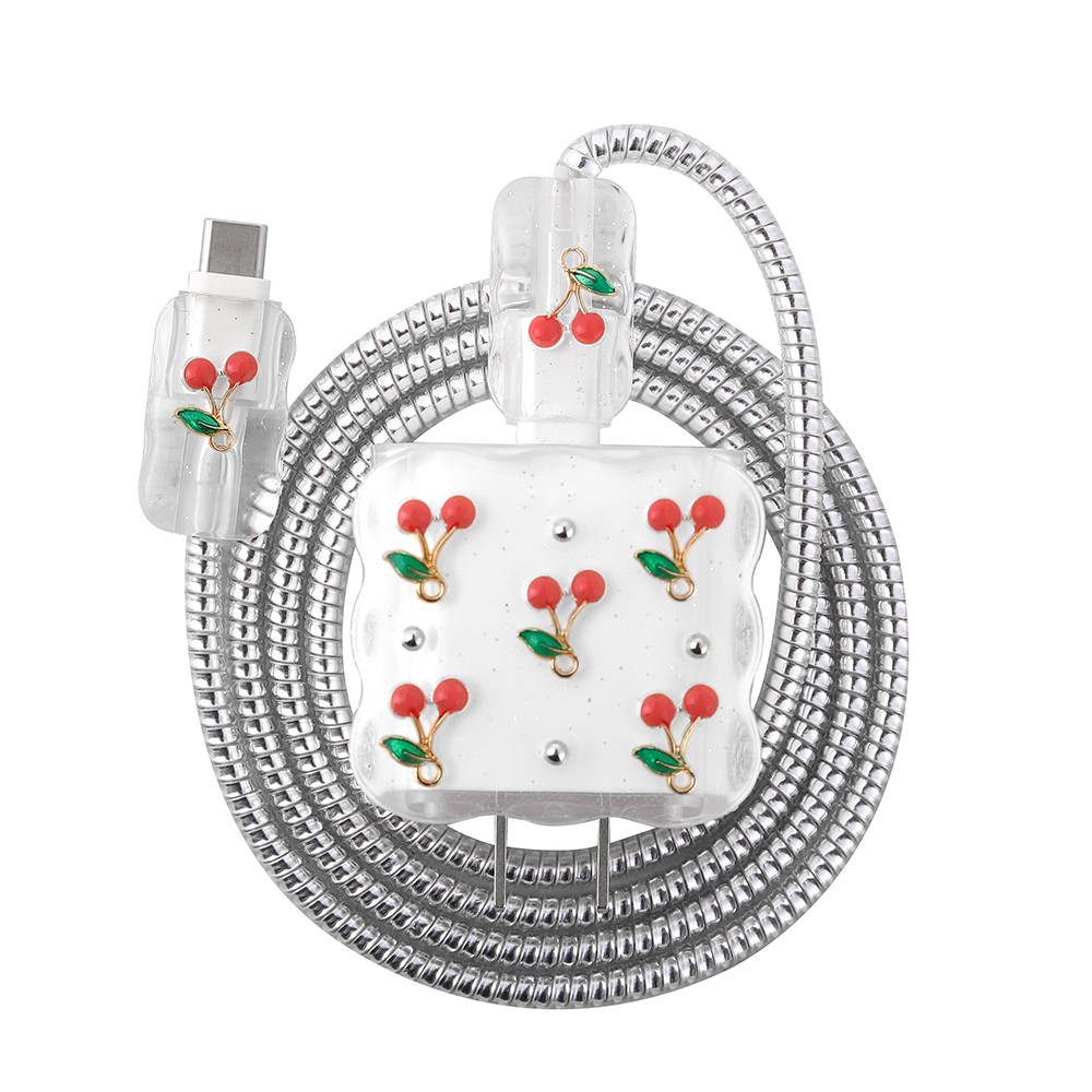KİRAZ DESENLİ ŞARJ BAŞLIĞI VE KABLO KORUYUCU SET 18W 20W UYUMLU 