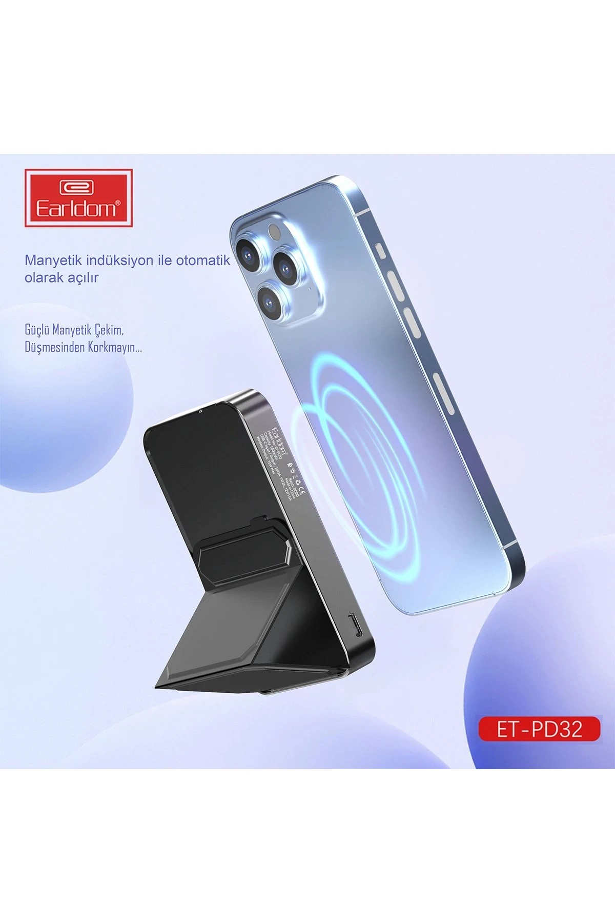 Earldom PD32 5.000 mAh 22.5W Kablosuz Şarjlı Standlı PD Hızlı Şarj Powerbank - Beyaz