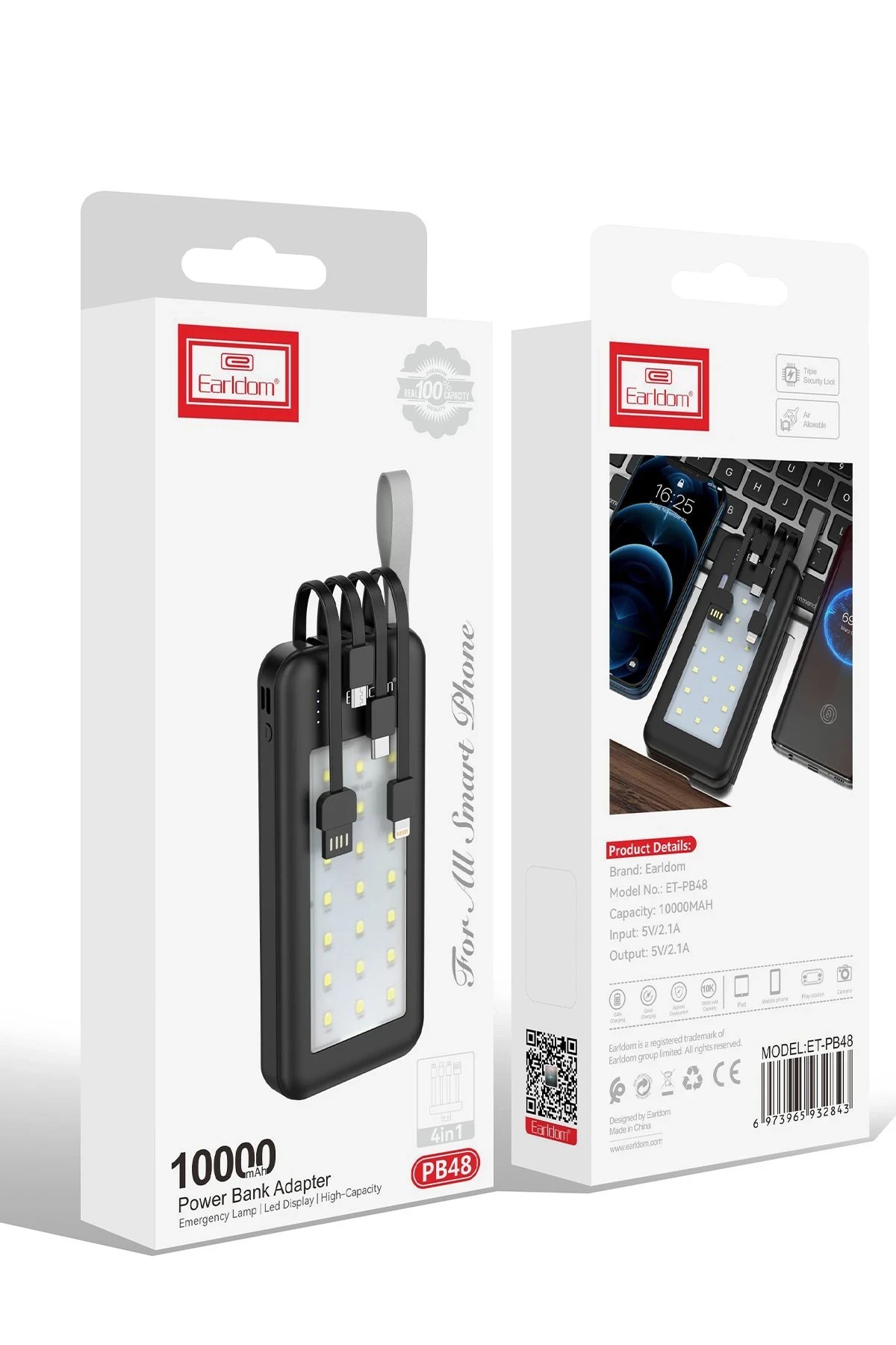 Earldom PB48 10.000 mAh 10W Led Işıklı 3in1 Dahili Kablolu Powerbank - Siyah
