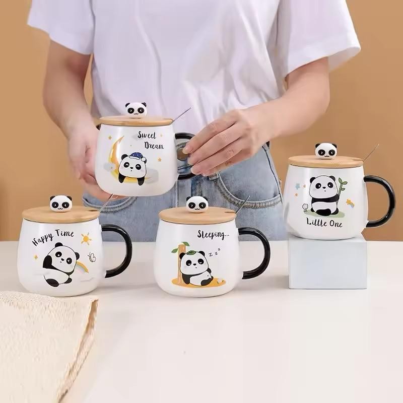 PANDA TASARIMLI PORSELEN AHŞAP KAPAKLI KAŞIKLI HEDİYELİK KUPA MUG BARDAK 430 ML 