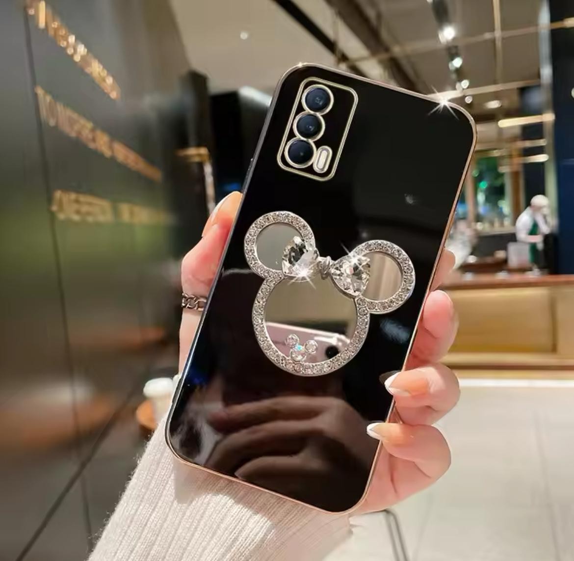 TAŞLI MİNNİE MAUSE AYNALI POPSOCKET STANDLI PARLAK LÜX PREMİUM LAZER KILIF 