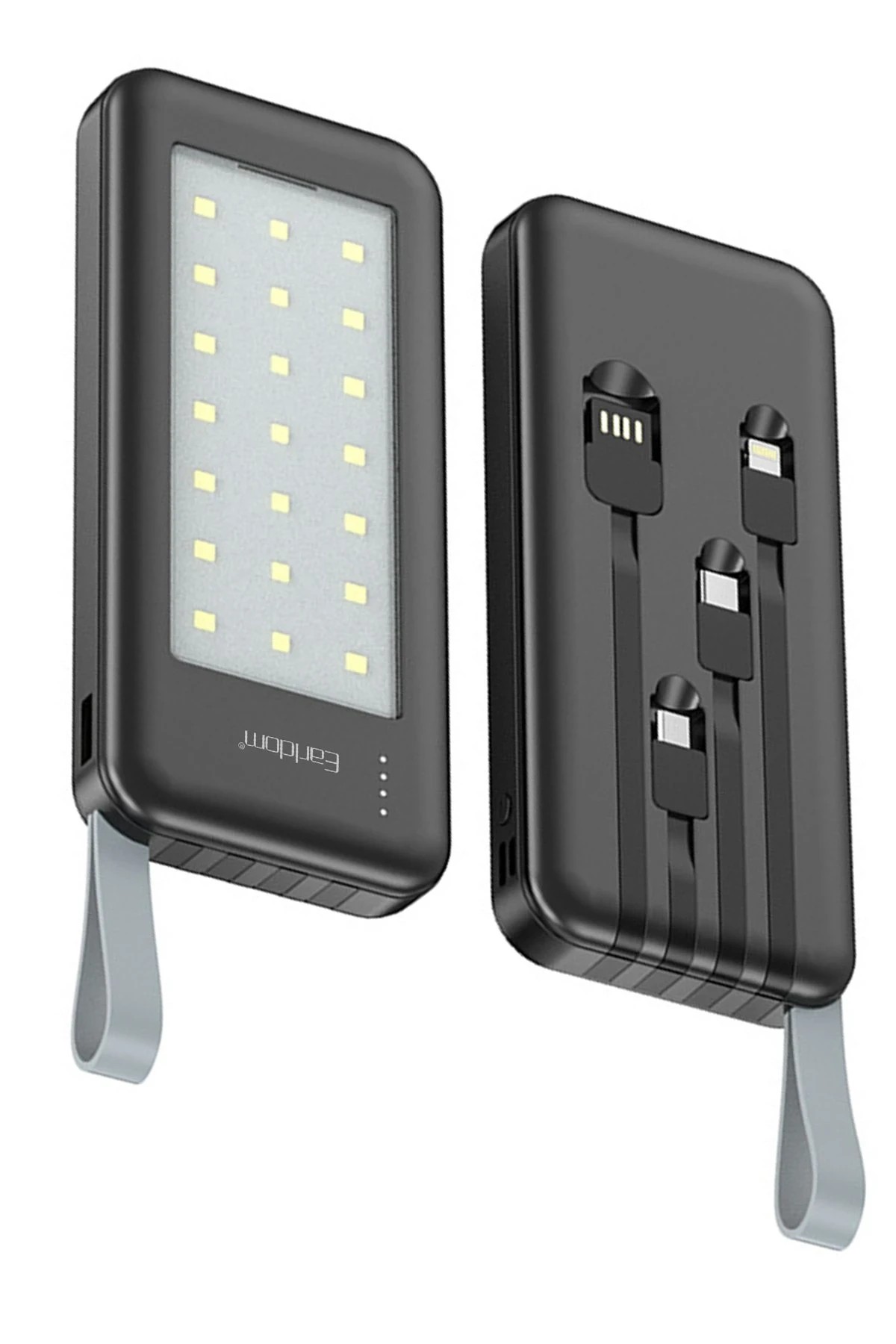 Earldom PB48 10.000 mAh 10W Led Işıklı 3in1 Dahili Kablolu Powerbank - Siyah