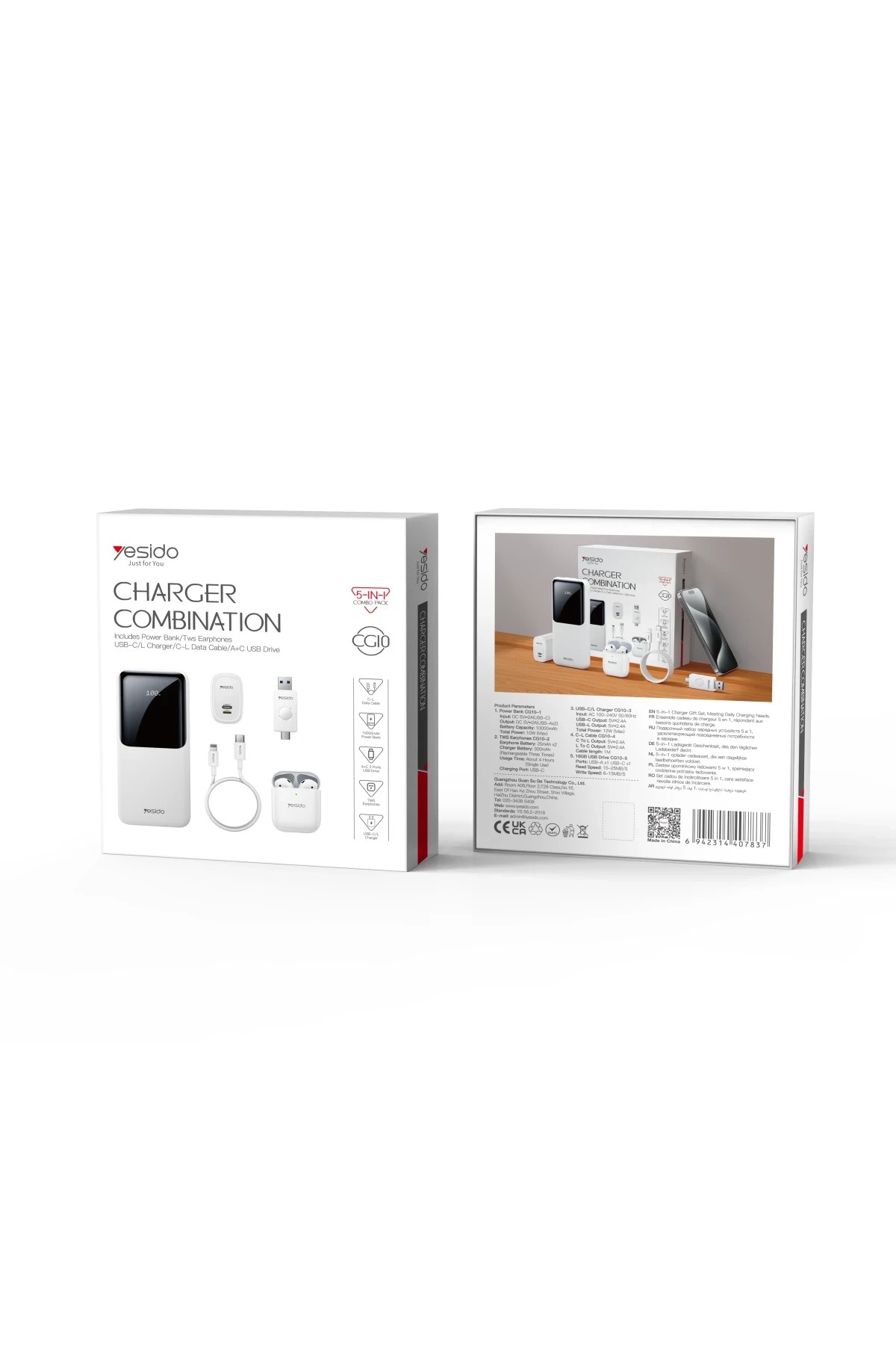 Yesido CG10 5in1 12W Şarj Aleti Kablo Powerbank Flash Bellek Airpods Set - Beyaz