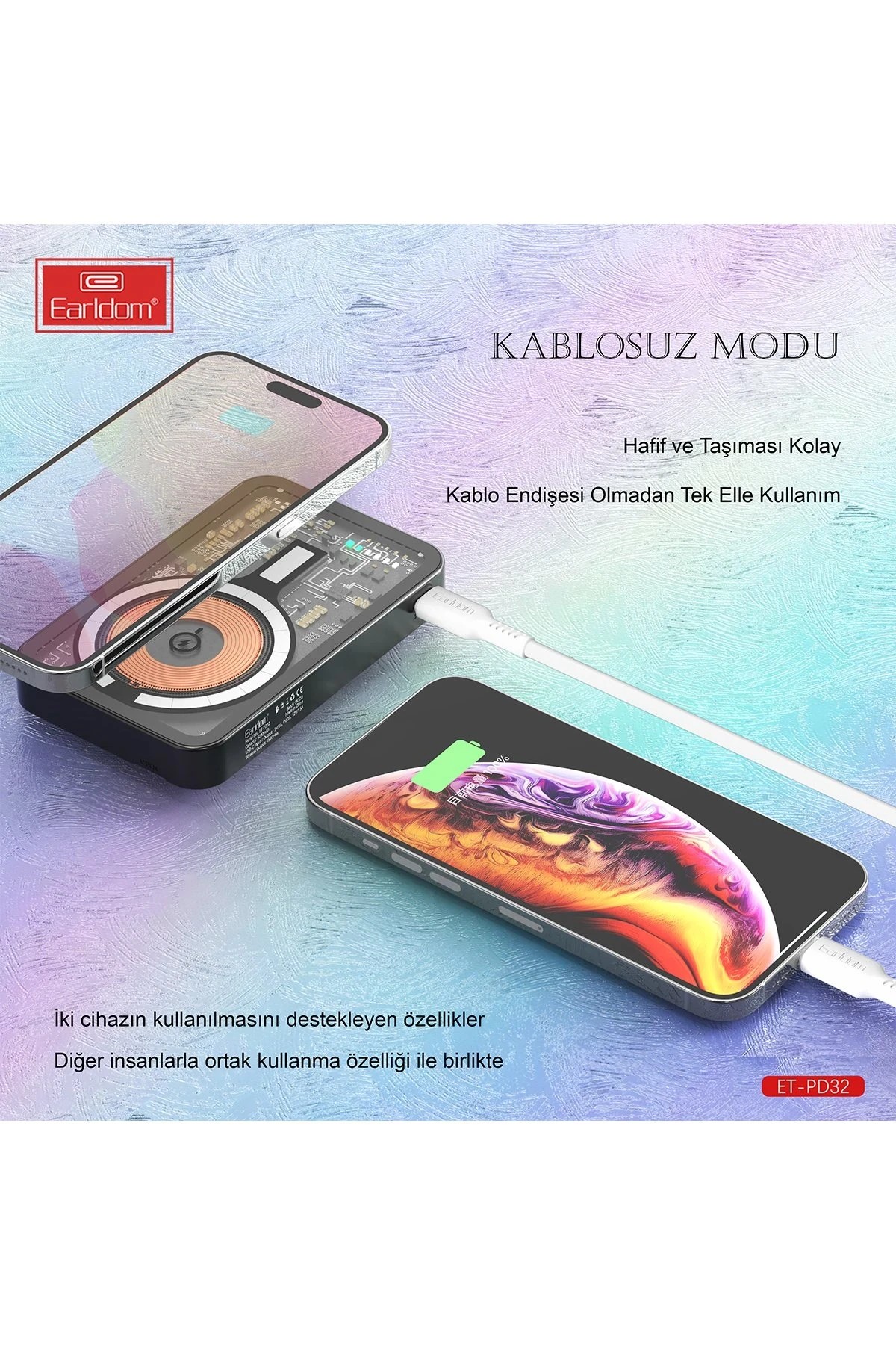 Earldom PD32 5.000 mAh 22.5W Kablosuz Şarjlı Standlı PD Hızlı Şarj Powerbank - Beyaz