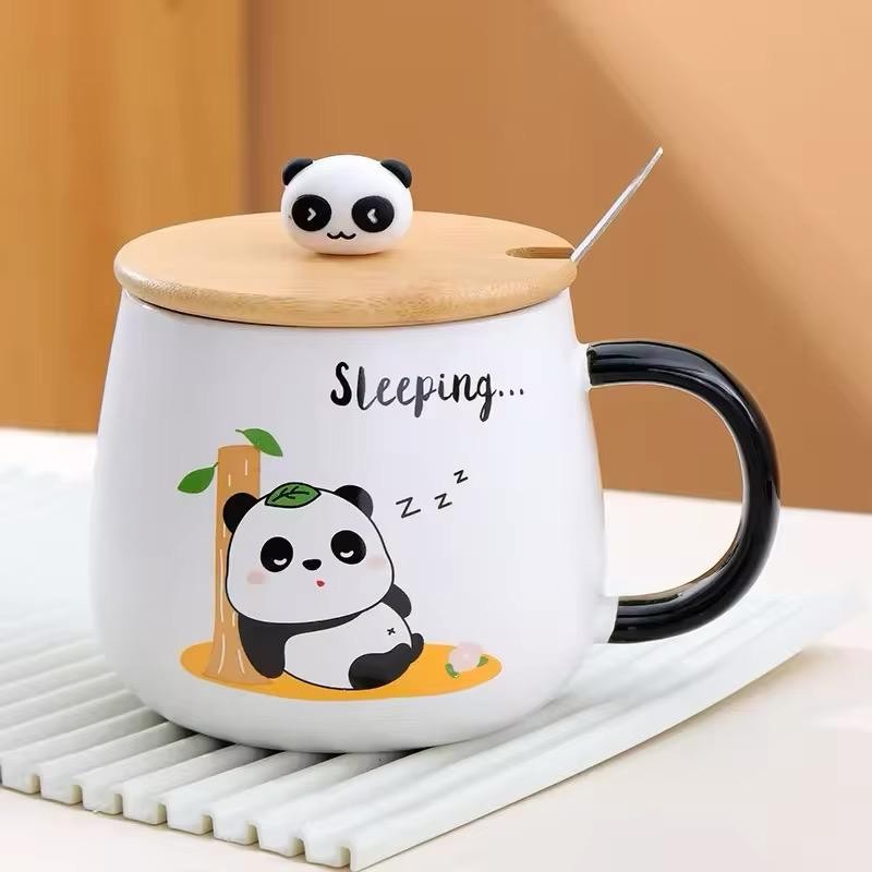 PANDA TASARIMLI PORSELEN AHŞAP KAPAKLI KAŞIKLI HEDİYELİK KUPA MUG BARDAK 430 ML 