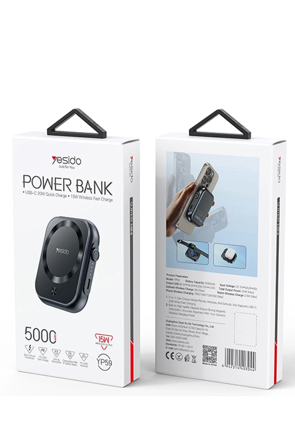 Yesido YP59 5.000 mAh 3in1 20W Type-C Çıkışlı 15W Kablosuz Şarj 3W Kulaklık Şarj ve 2.5W Saat Şarj Destekli PD Hızlı Şarj Magsafe Powerbank - Siyah