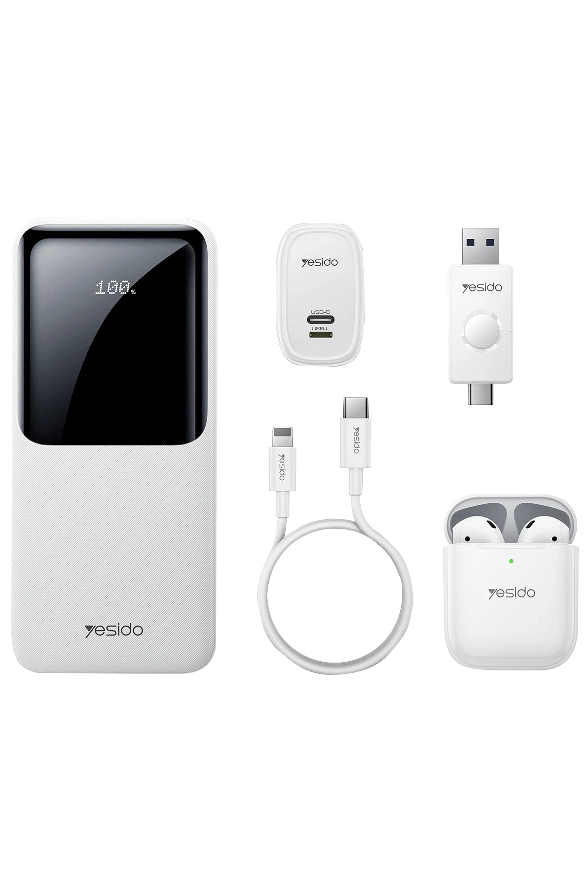 Yesido CG10 5in1 12W Şarj Aleti Kablo Powerbank Flash Bellek Airpods Set - Beyaz