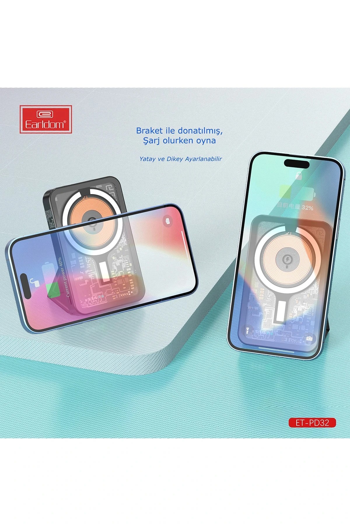 Earldom PD32 5.000 mAh 22.5W Kablosuz Şarjlı Standlı PD Hızlı Şarj Powerbank - Beyaz