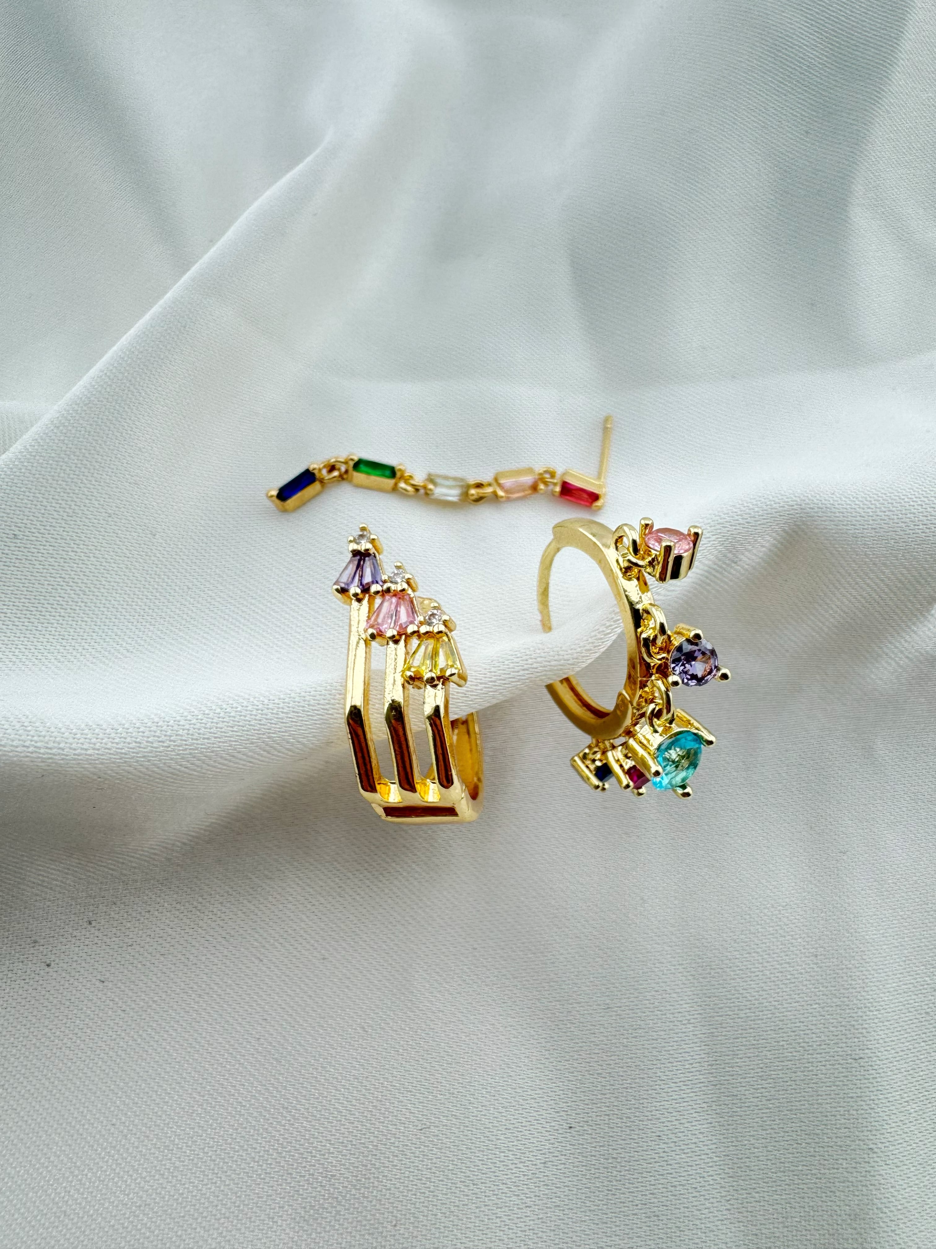 Altın Kaplama Zirkon Taşlı Çelik 3lü Küpe Seti