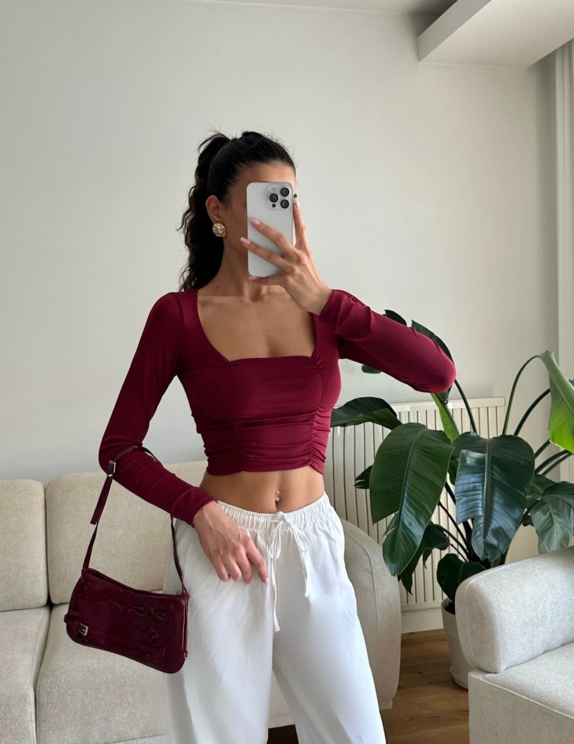 Kare Yaka Bordo Crop Bluz