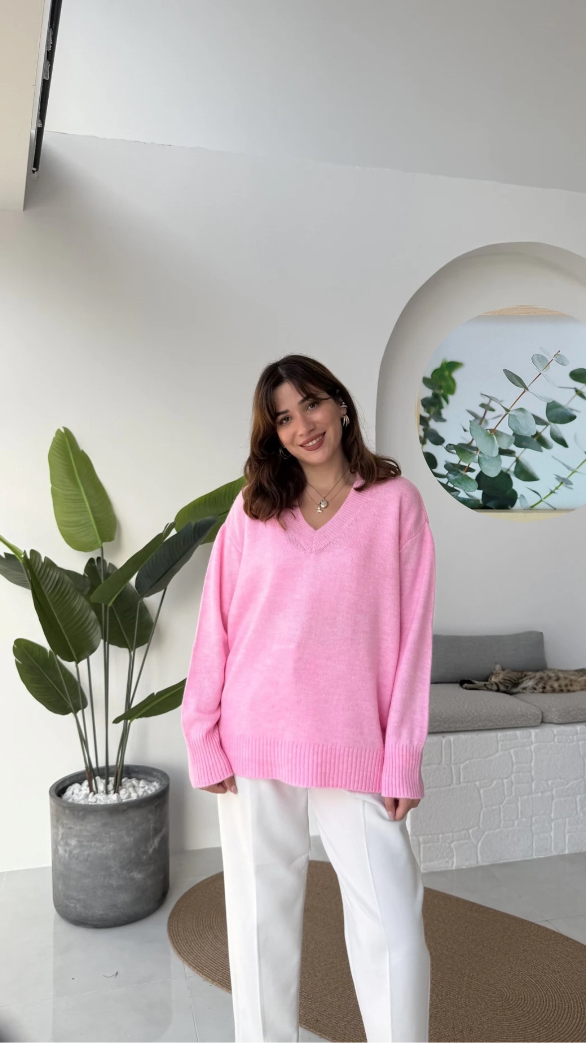 Oversize V Yaka Pembe Kazak