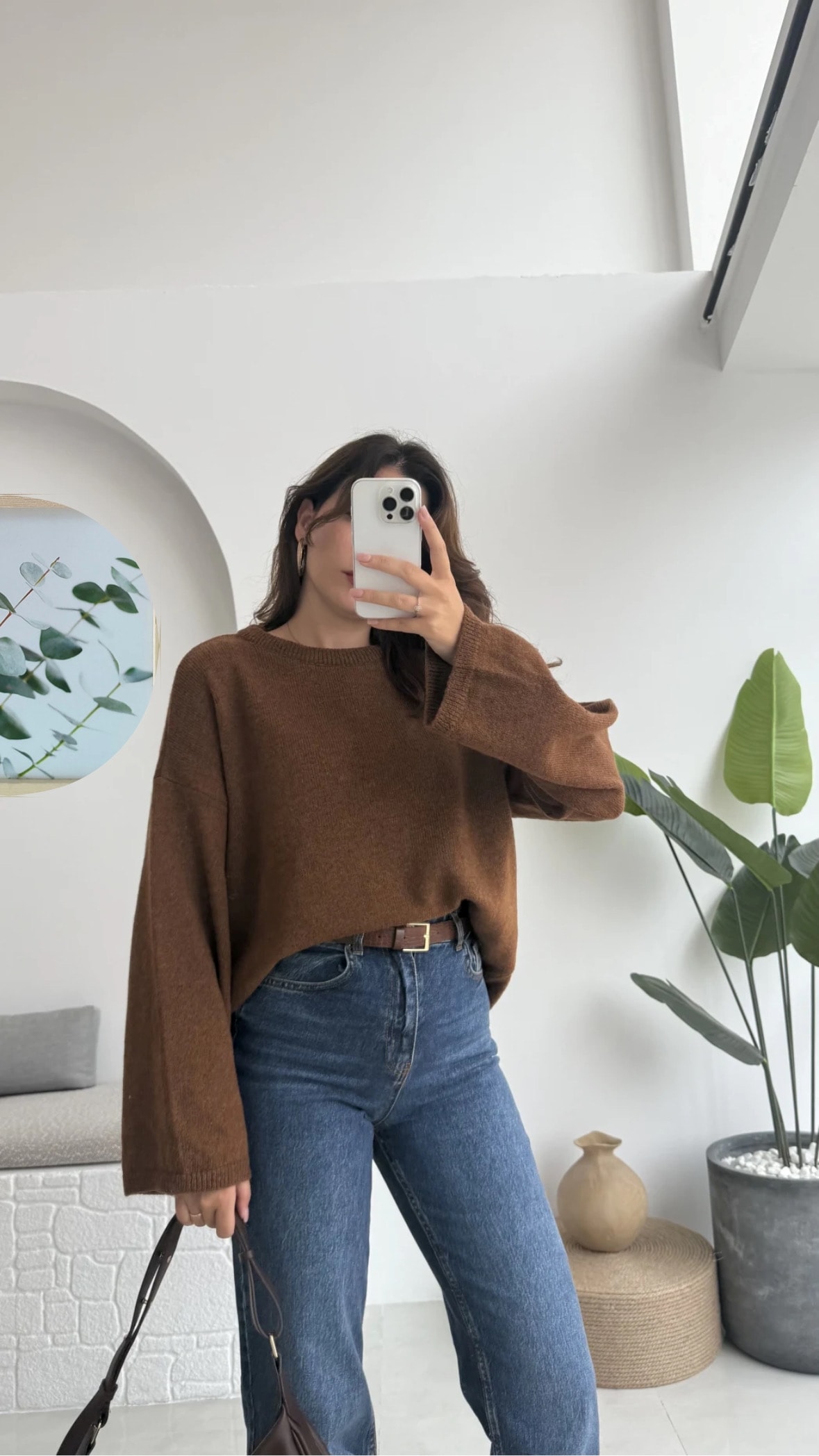 Oversize İspanyol Kol Balıkçı Yaka Kahverengi Kazak