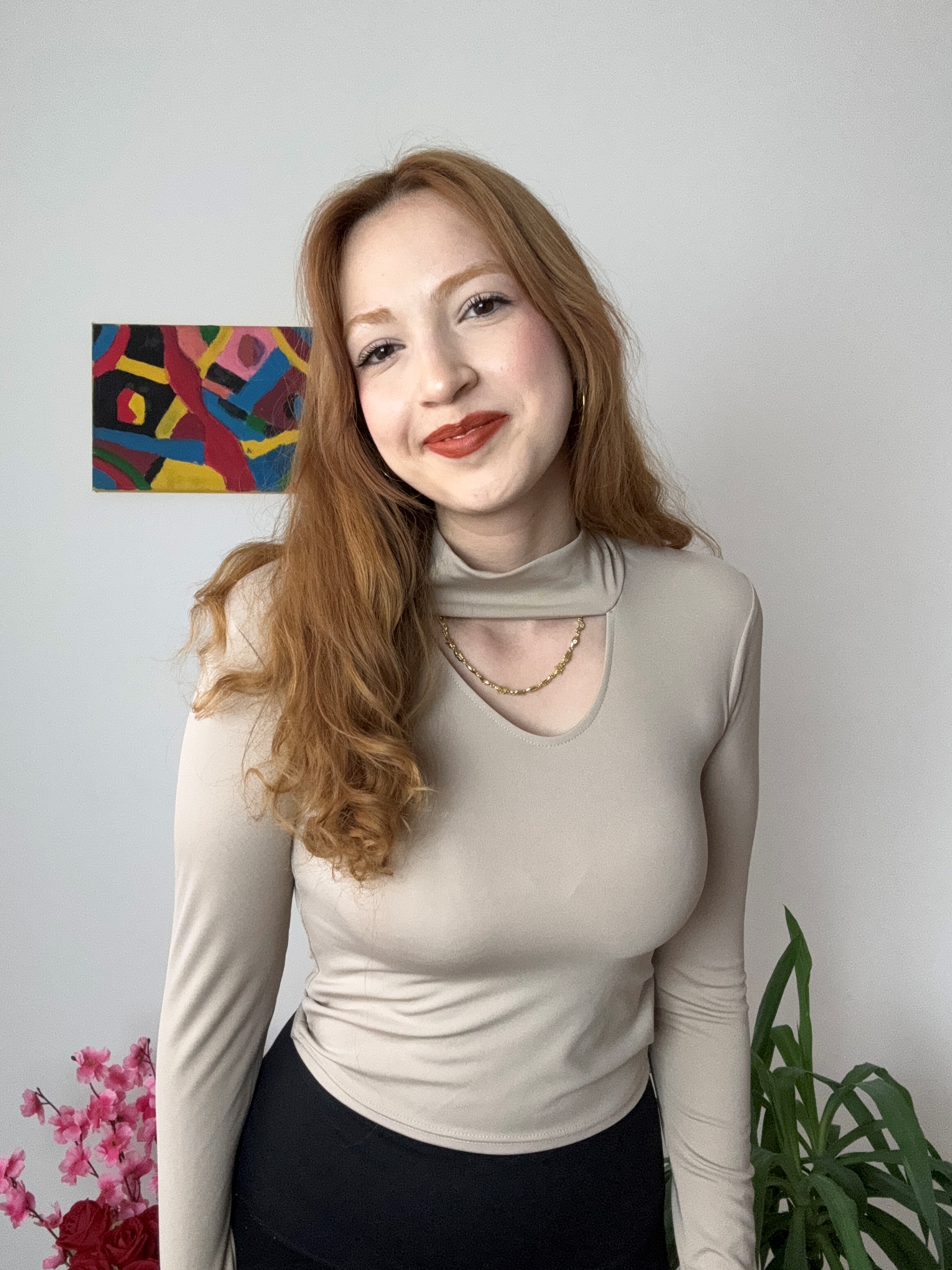 Bisiklet Yaka Önü Açık Bej Bluz