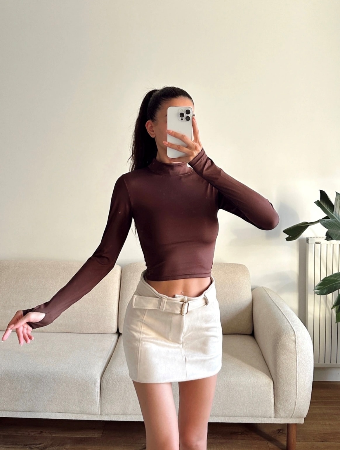 Balıkçı Yaka Parmak Detaylı Kahverengi Bluz