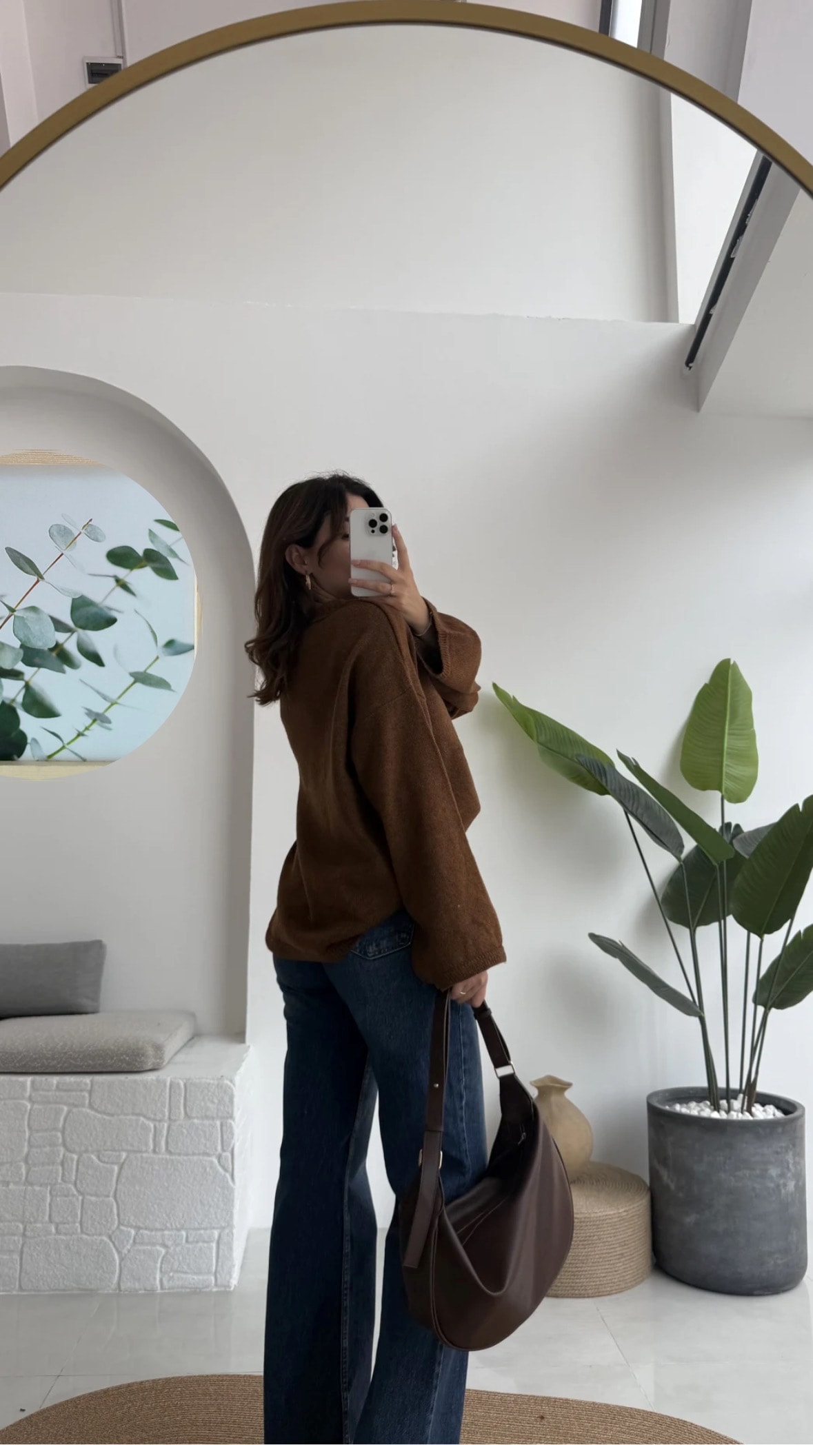 Oversize İspanyol Kol Balıkçı Yaka Kahverengi Kazak