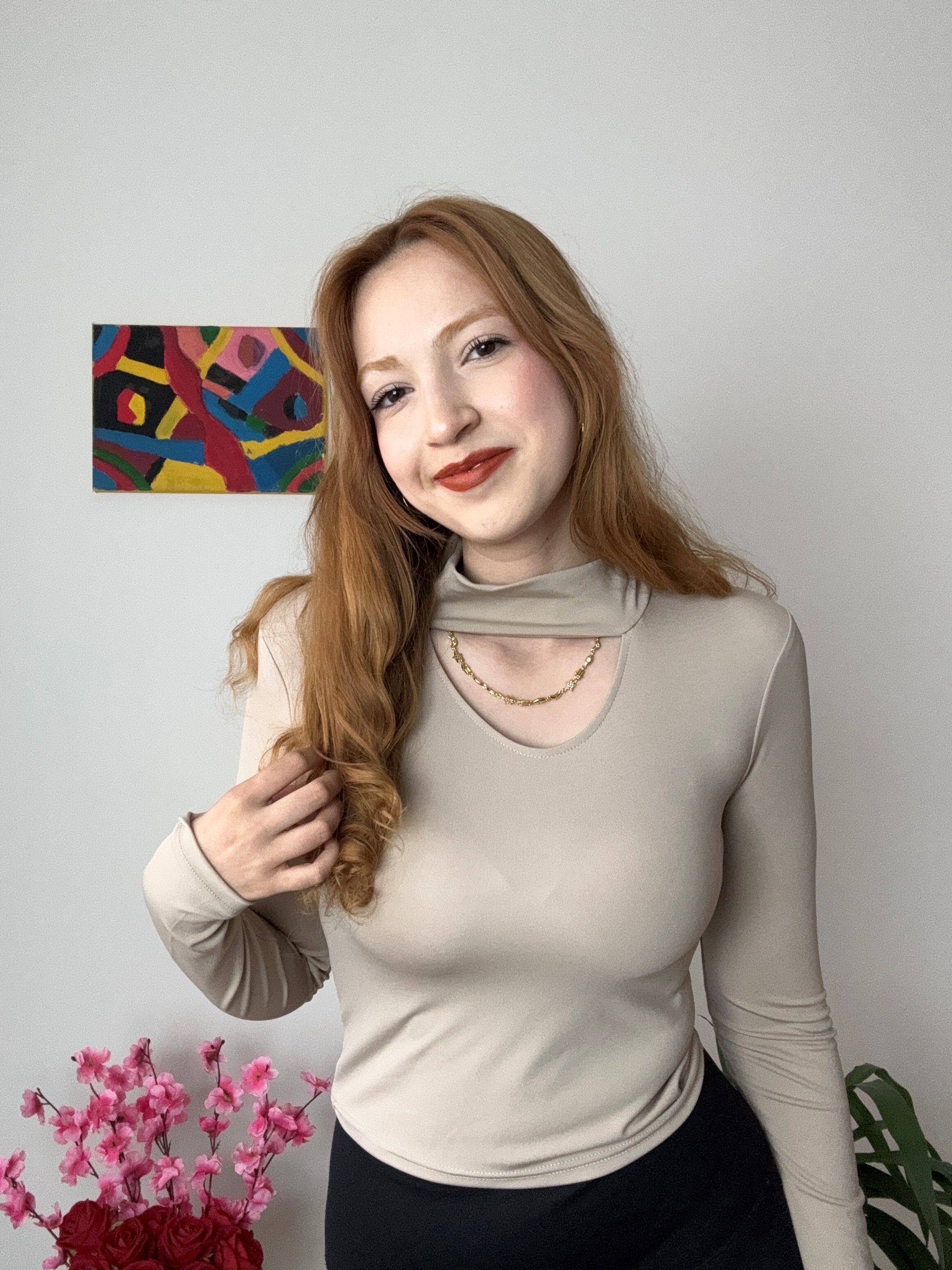 Bisiklet Yaka Önü Açık Bej Bluz