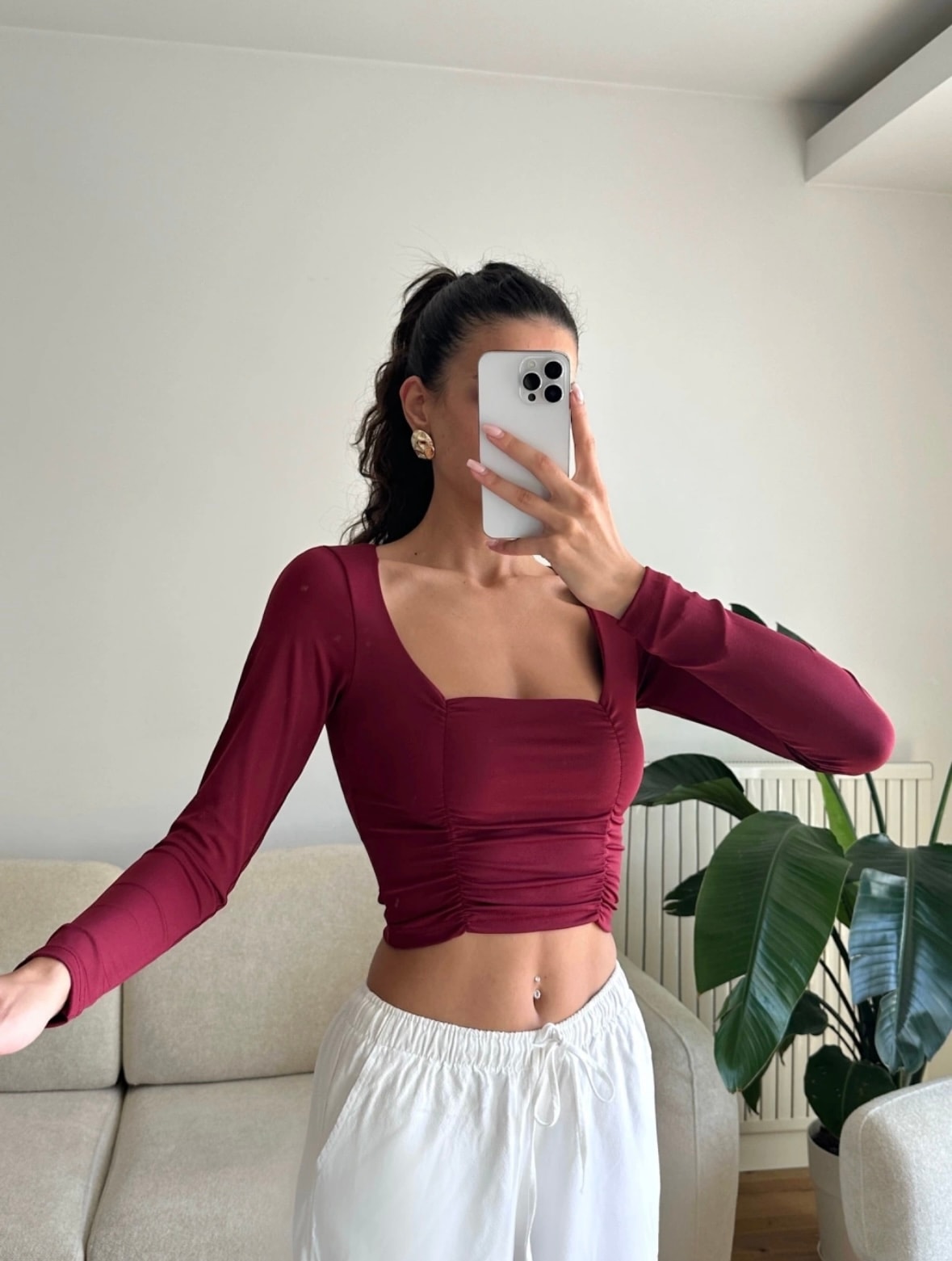 Kare Yaka Bordo Crop Bluz