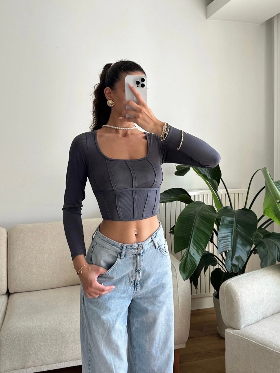 Fitilli U Yaka Antrasit Crop Bluz