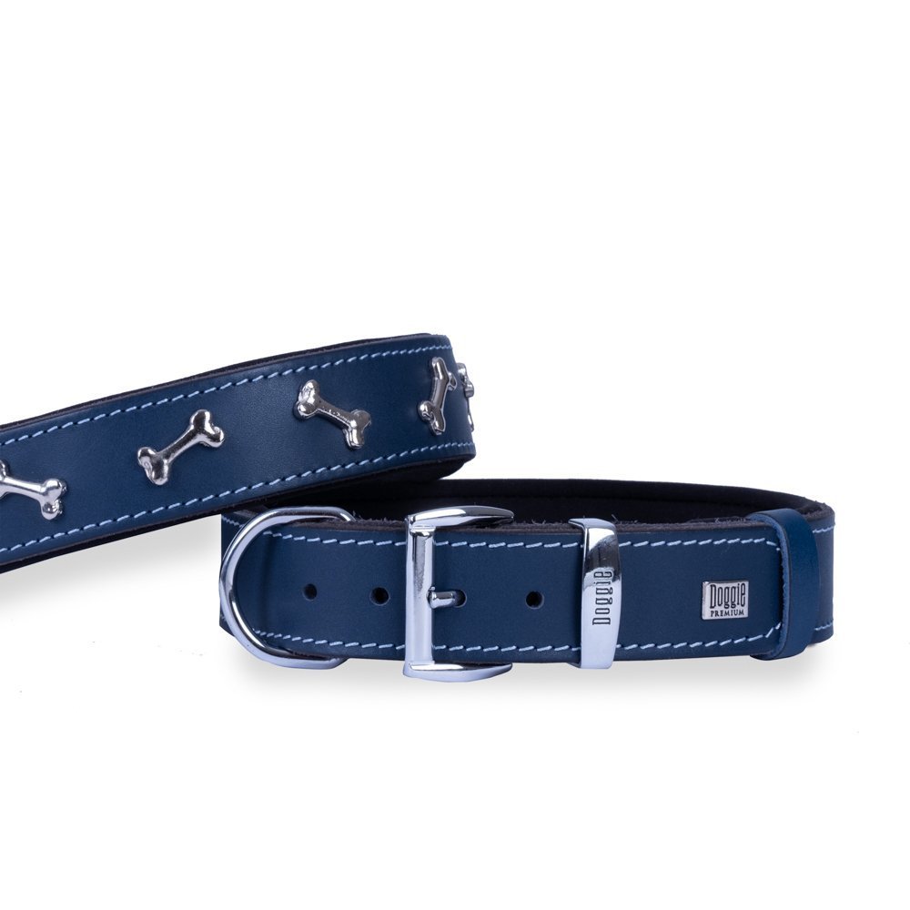 Doggie Konforlu Gerçek Deriden El Yapımı Kemik Süslü Köpek Boyun Tasması 3.5x47-55 Cm Royal Mavi