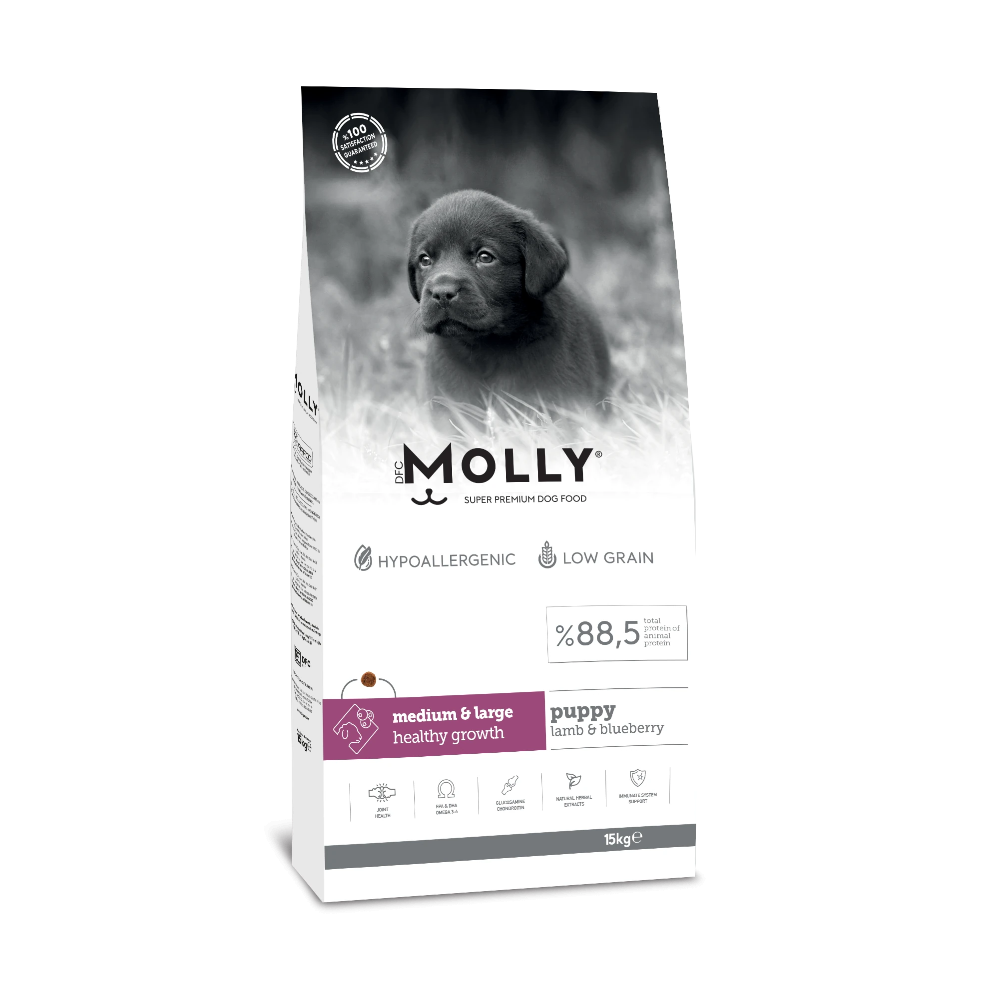 Molly Hipoalerjenik Düşük Tahıllı Kuzu Etli ve Yaban Mersinli Orta ve Büyük Irk Yavru Köpek Maması 15 Kg