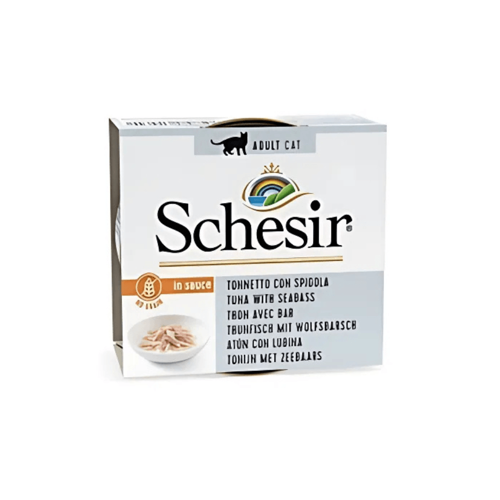 Schesir Soslu Ton Balıklı ve Levrek Etli Yetişkin Kedi Konservesi 70 Gr (12 Adet)