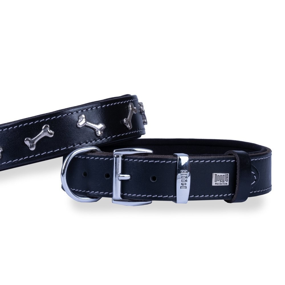 Doggie Konforlu Gerçek Deriden El Yapımı Kemik Süslü Köpek Boyun Tasması 3.5x52-60 Cm Siyah