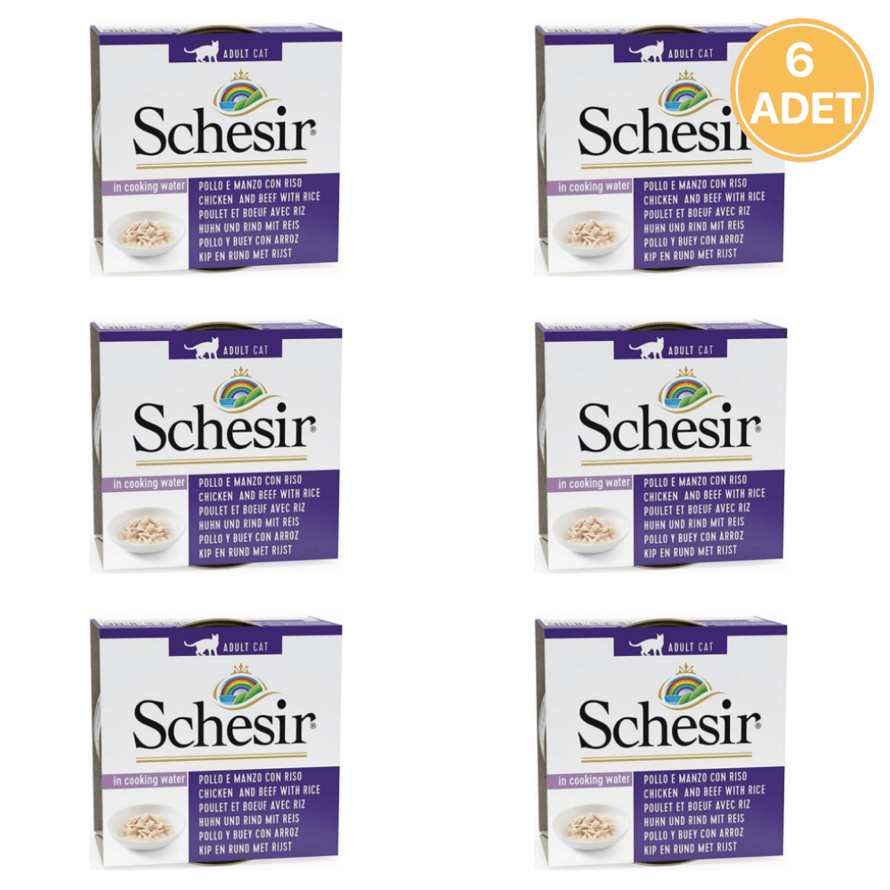 Schesir Doğal Tavuk Etli Sığır Etli ve Pirinçli Yetişkin Kedi Konservesi 85 Gr (6 Adet)