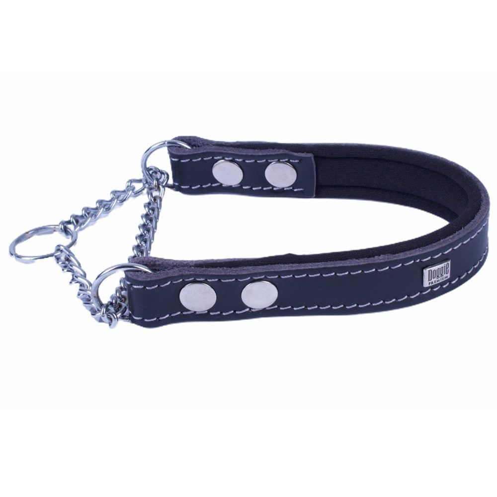 Doggie Konforlu Gerçek Deriden El Yapımı Boğma Zincirli Köpek Boyun Tasması 2x35-45 Cm Siyah